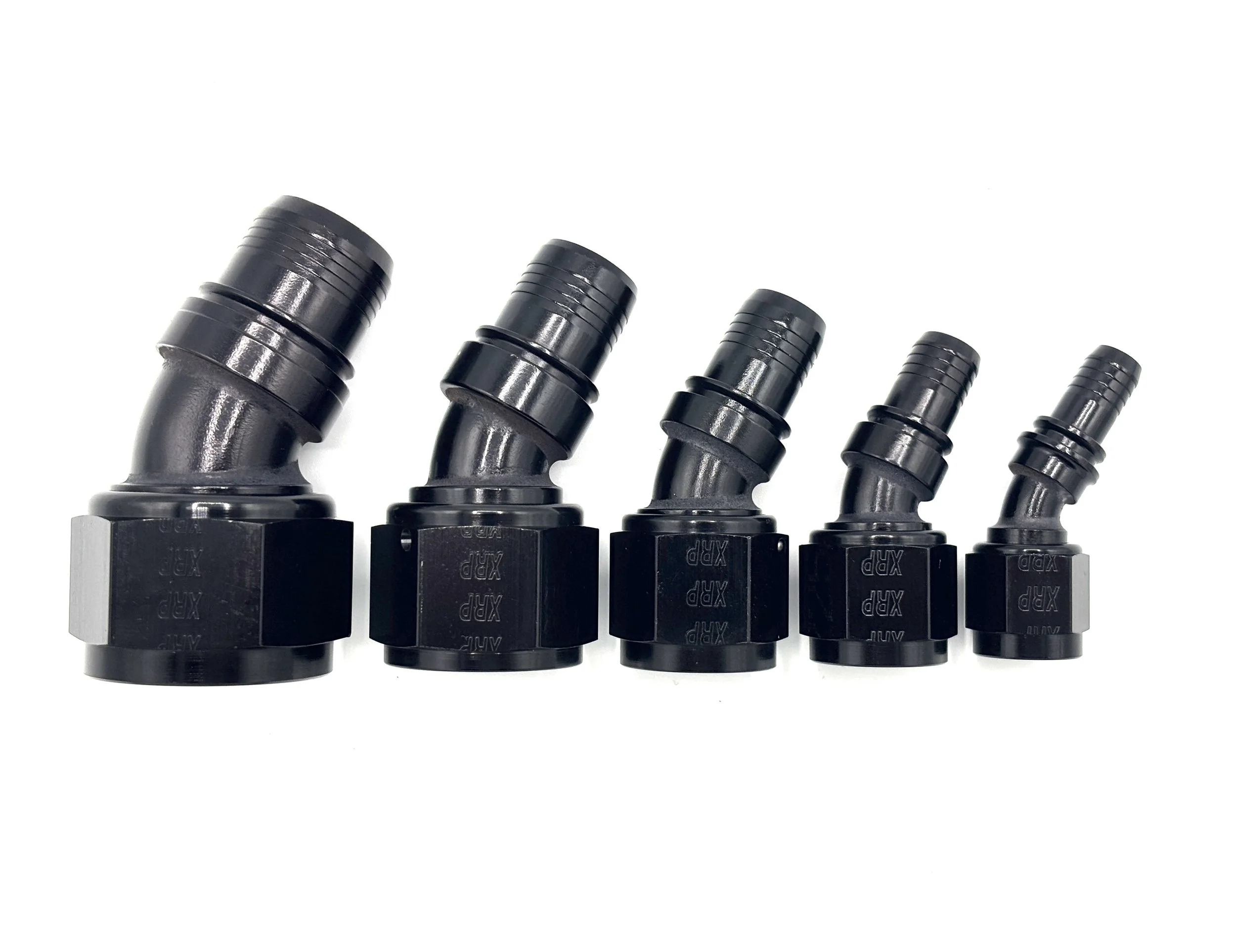XRP 30 deg. race crimp hose end to AN female. Black in color. Various sizes from largest to smallest, left to right.