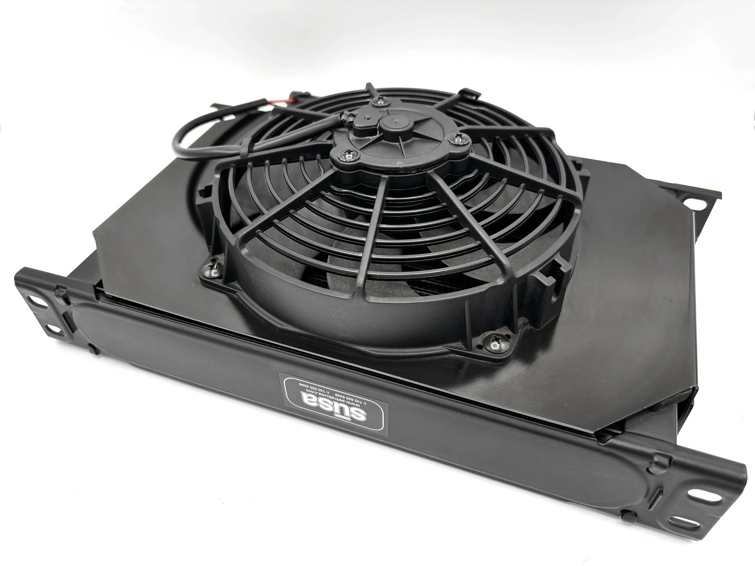 Side view of a Large Oil Cooler with a shroud and single large fan on top.