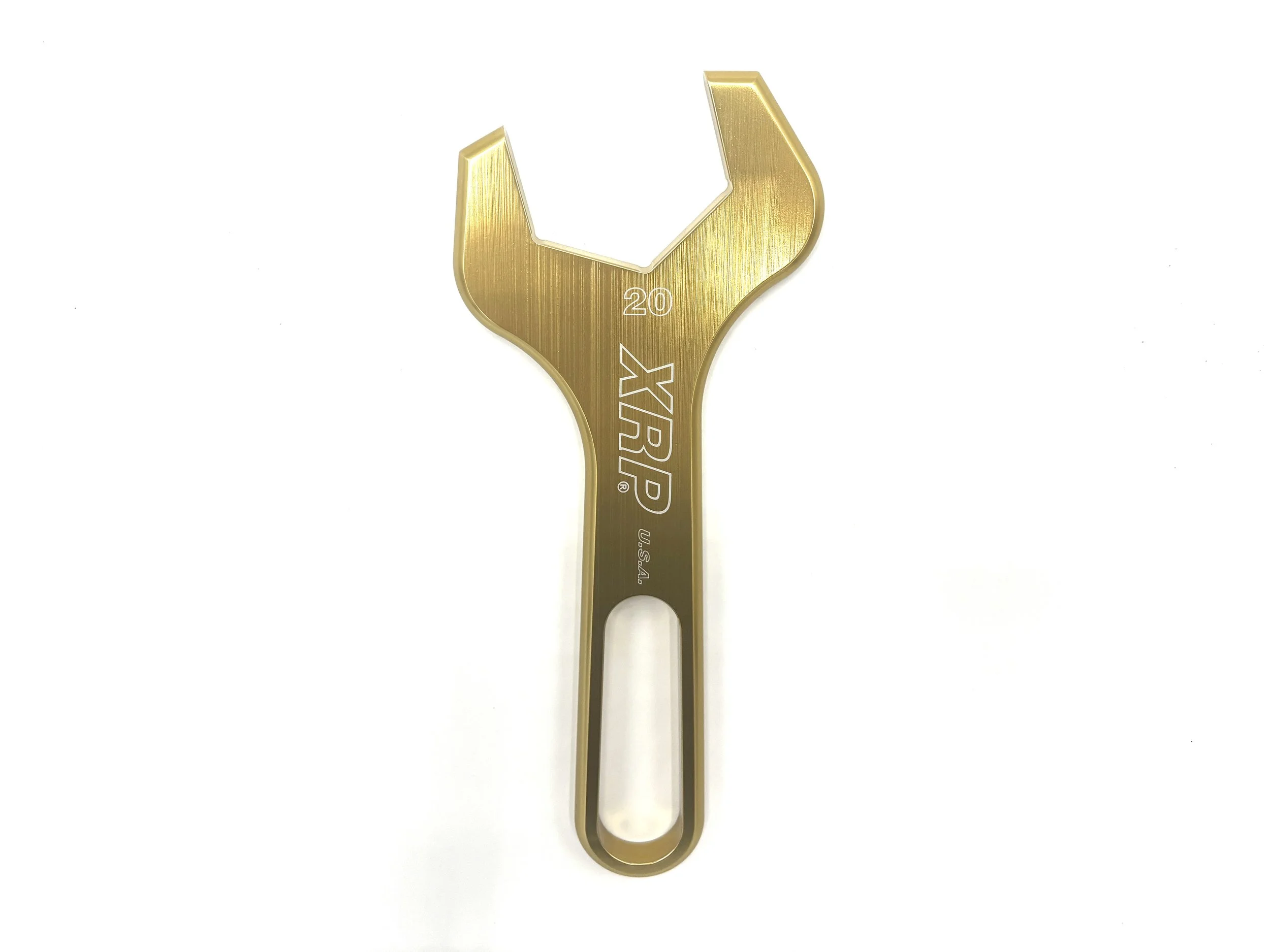 Gold XRP Pro-series -20AN wrench. Says XRP on it and indicates the size.