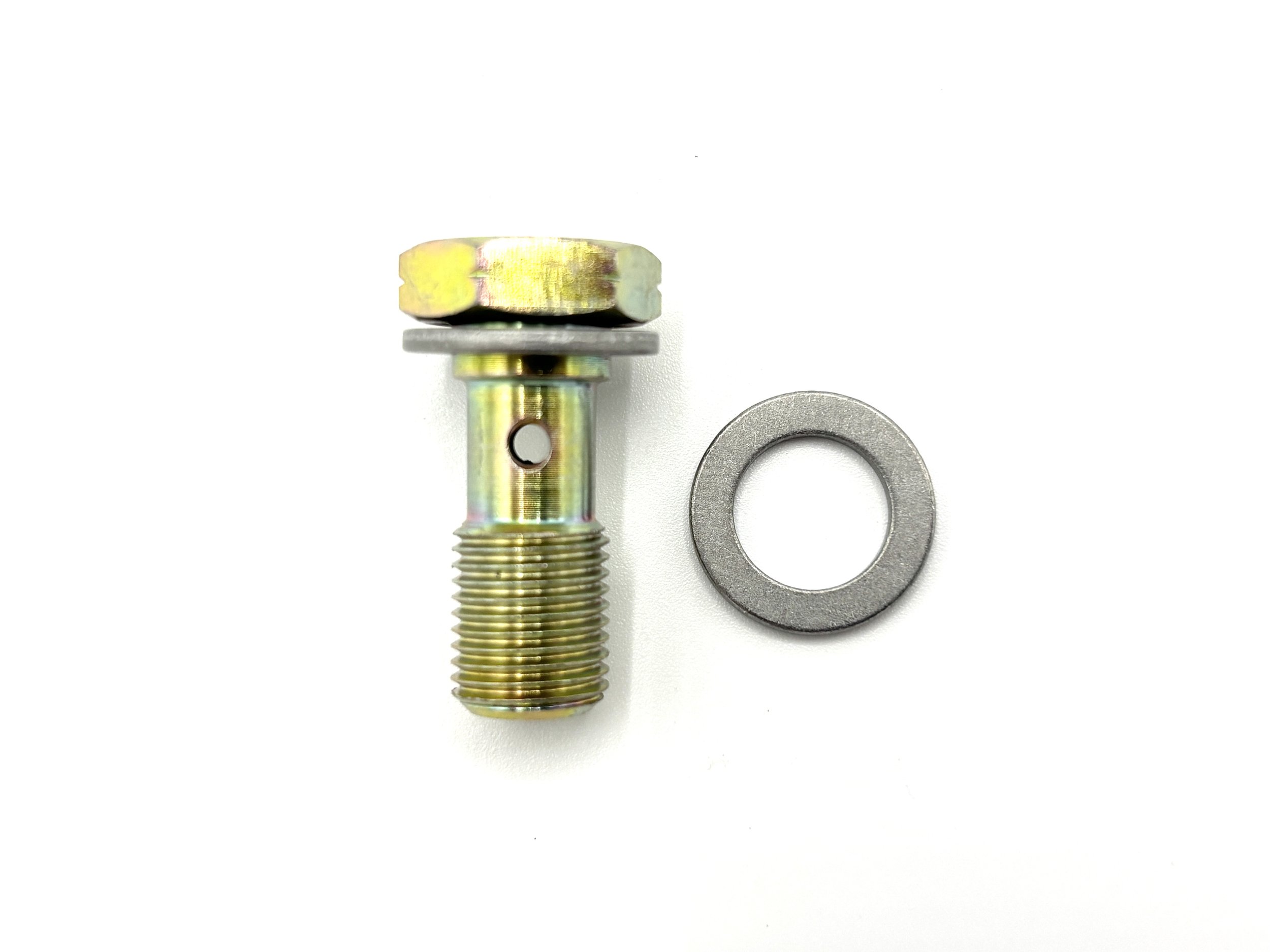 XRP long M10 × 1.0 steel banjo bolt. Gold in color. Has washer next to it.