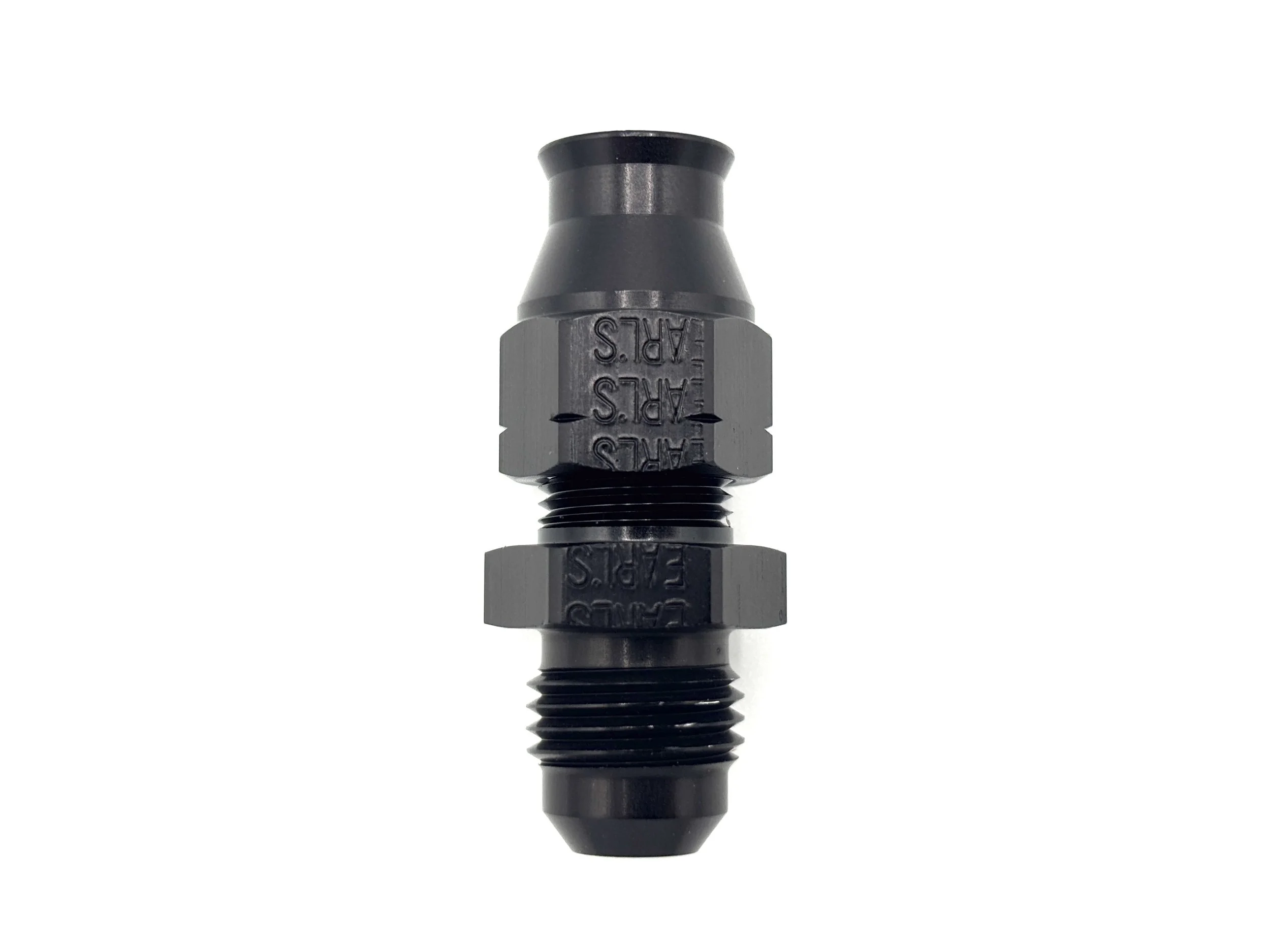 Earl’s AN male to tube compression adapter fitting. Black in color.