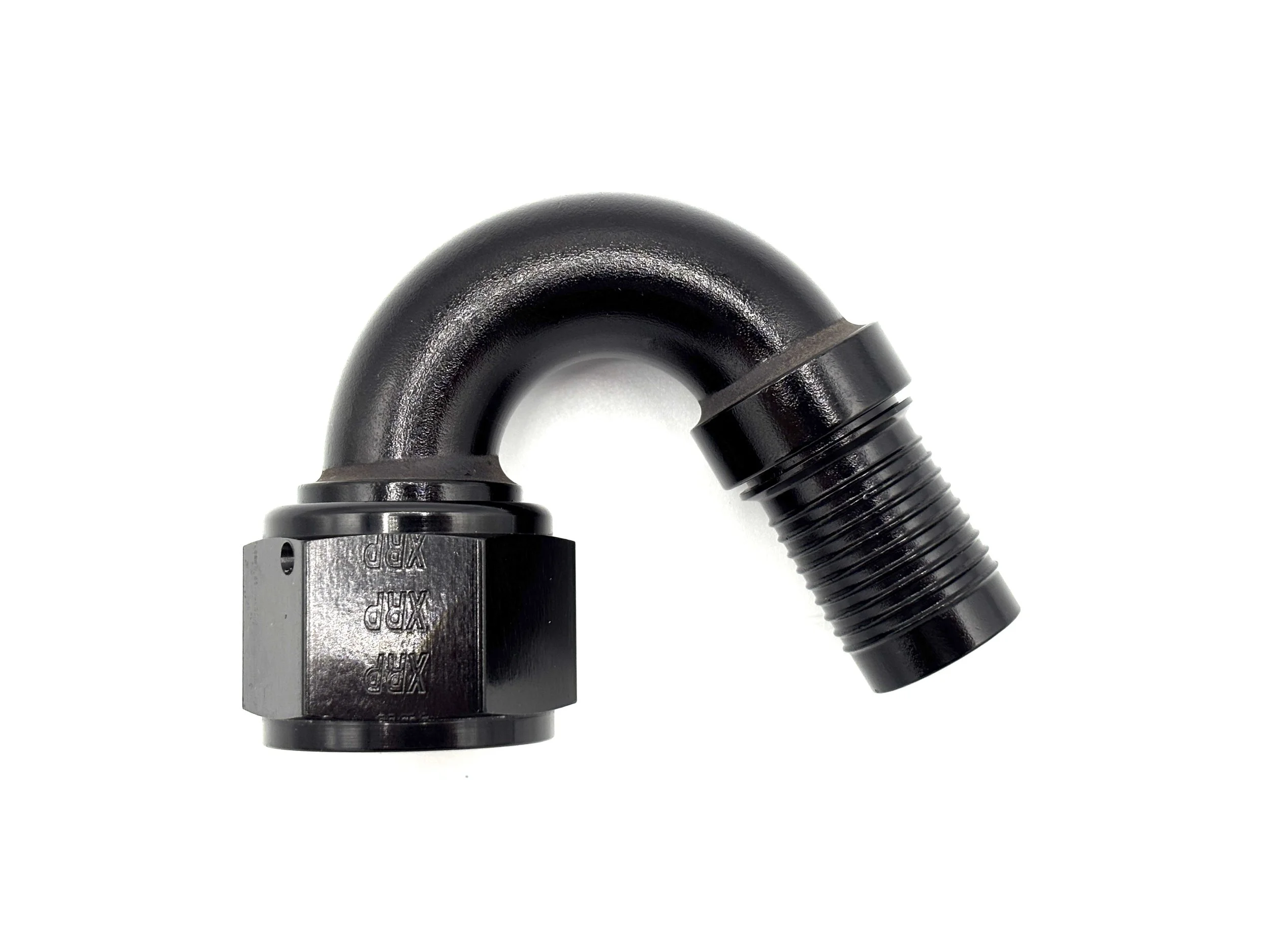 XRP 150 deg. HS-79 crimp hose end to AN female. Black in color.