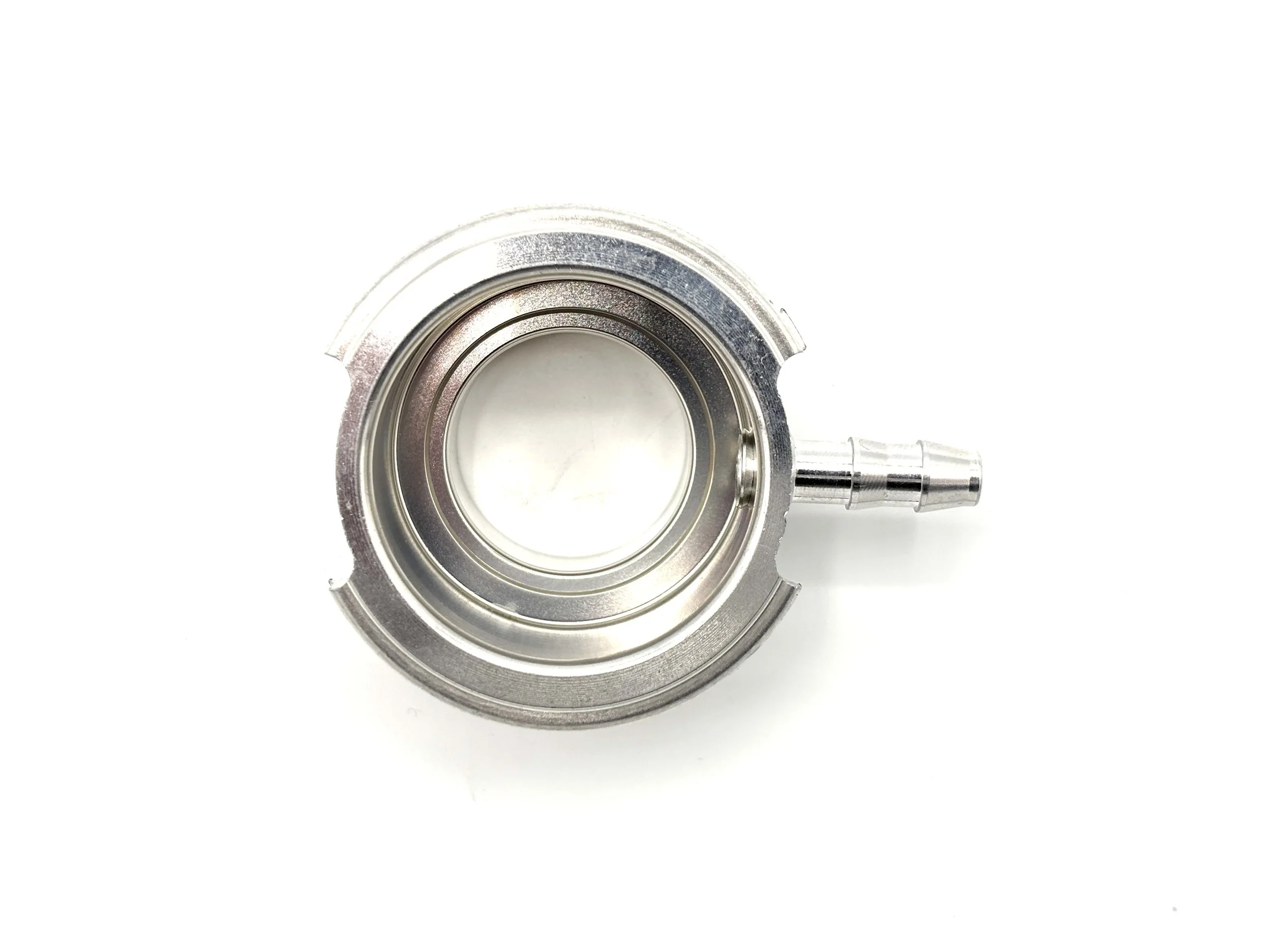 Earl's weld-on water neck. Silver in color.