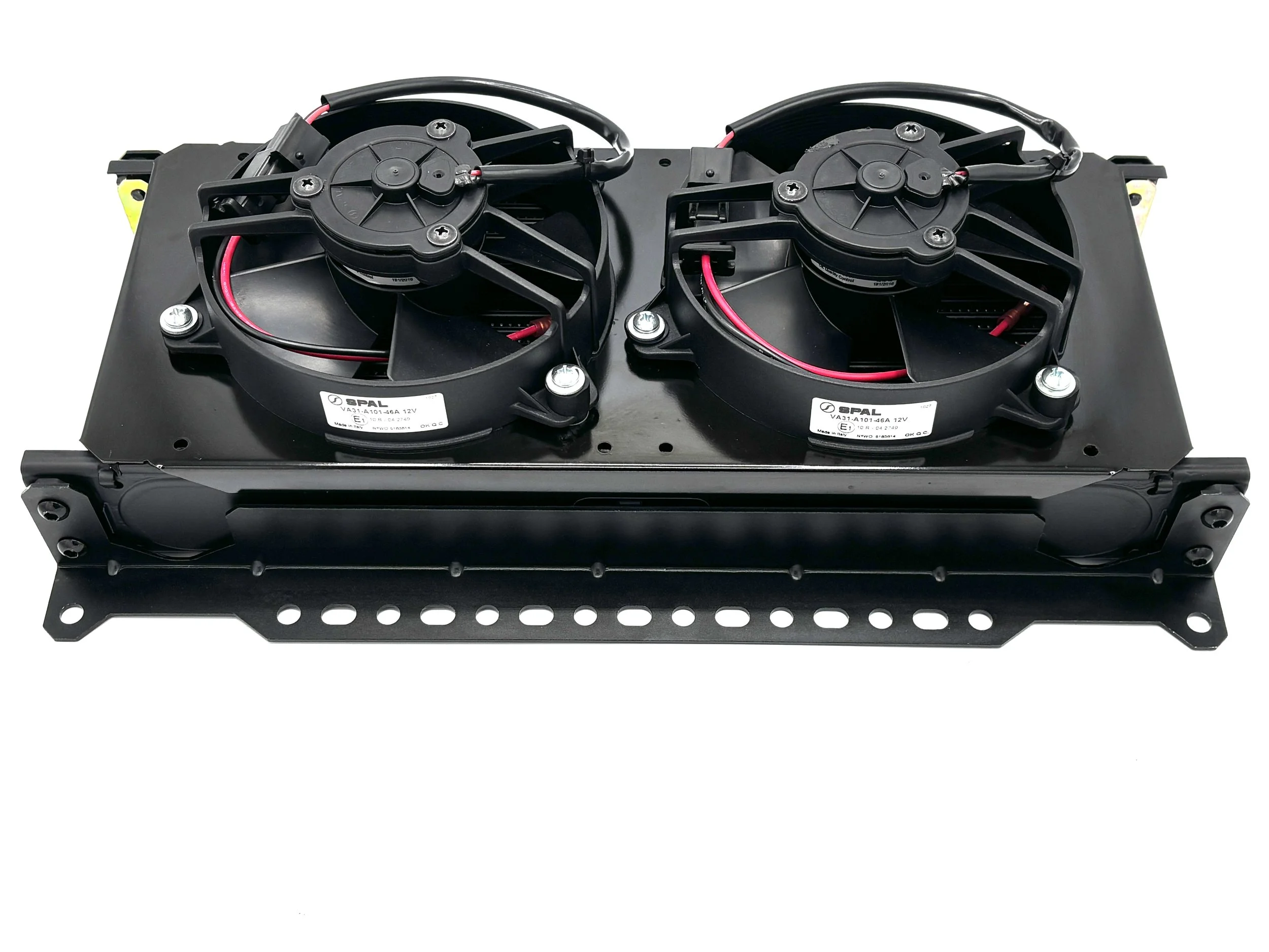 Setrab Cooler Mounting Bracket Kit installed on a oil cooler. Back view.