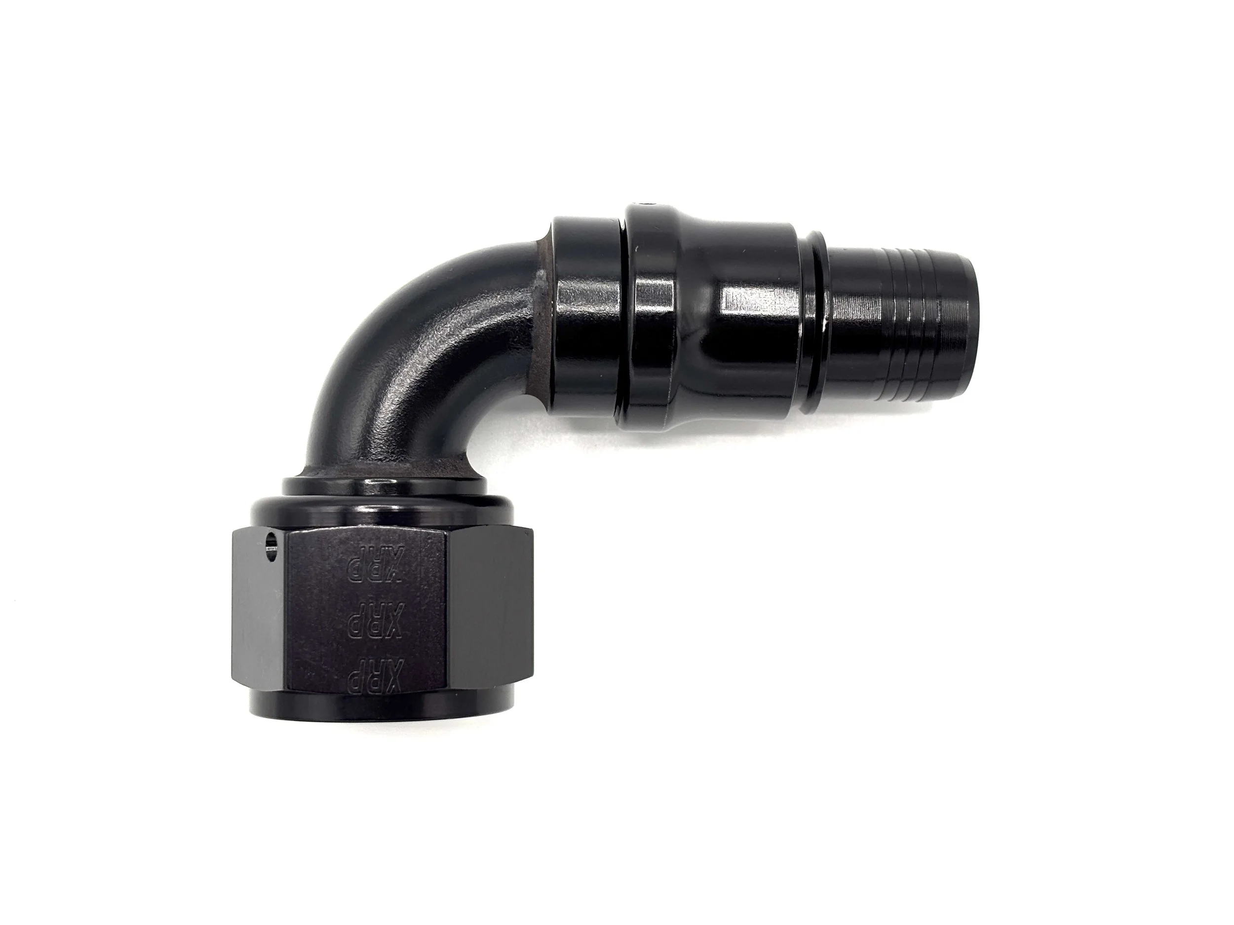 XRP 90 deg. race crimp swivel hose end to AN female. Black in color.