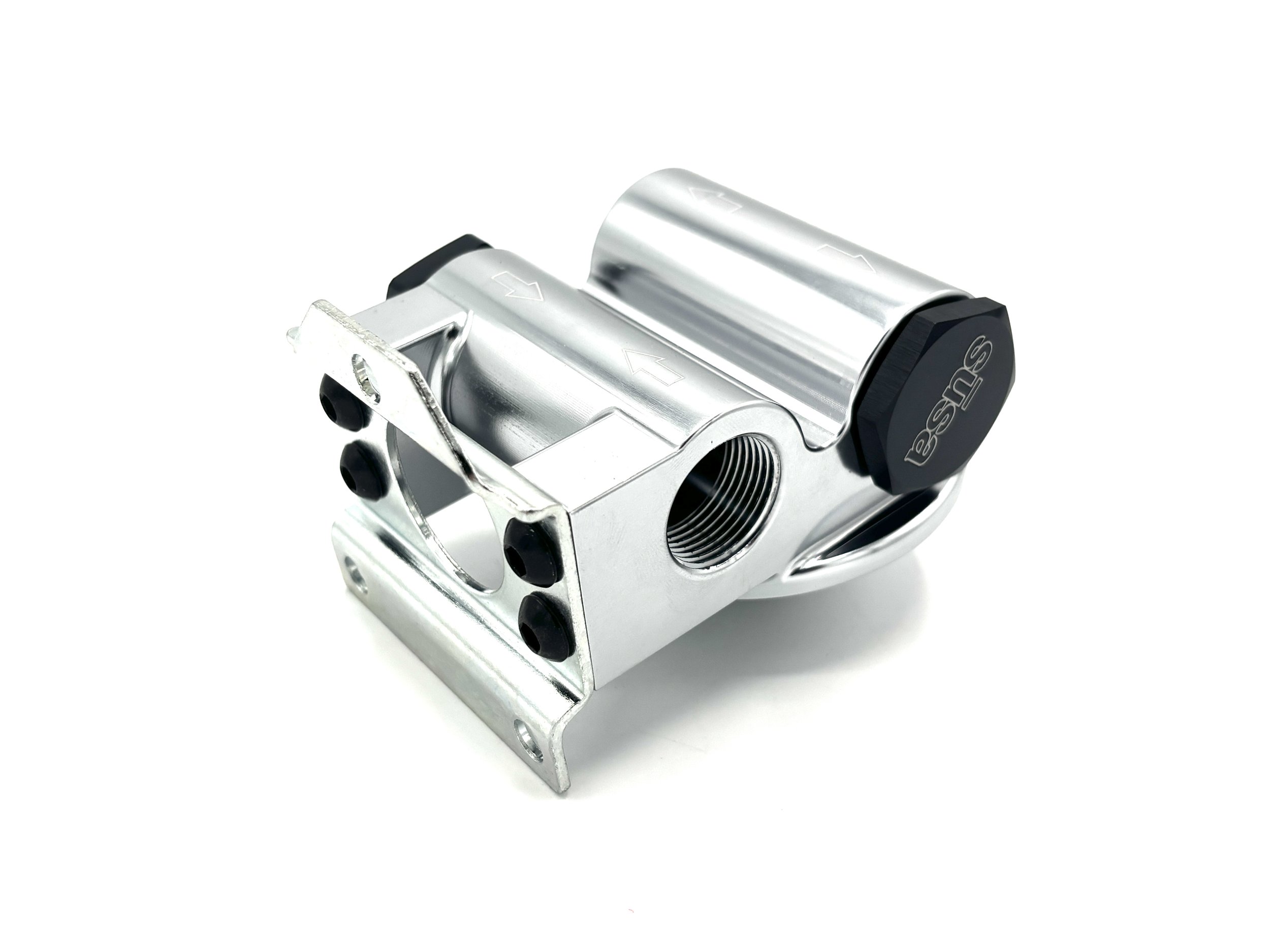 Setrab Remote Oil Filter Stand 77mm. Rectangular oil filter head, has 2 plugs in it with 4 ports. Top Side view. Silver