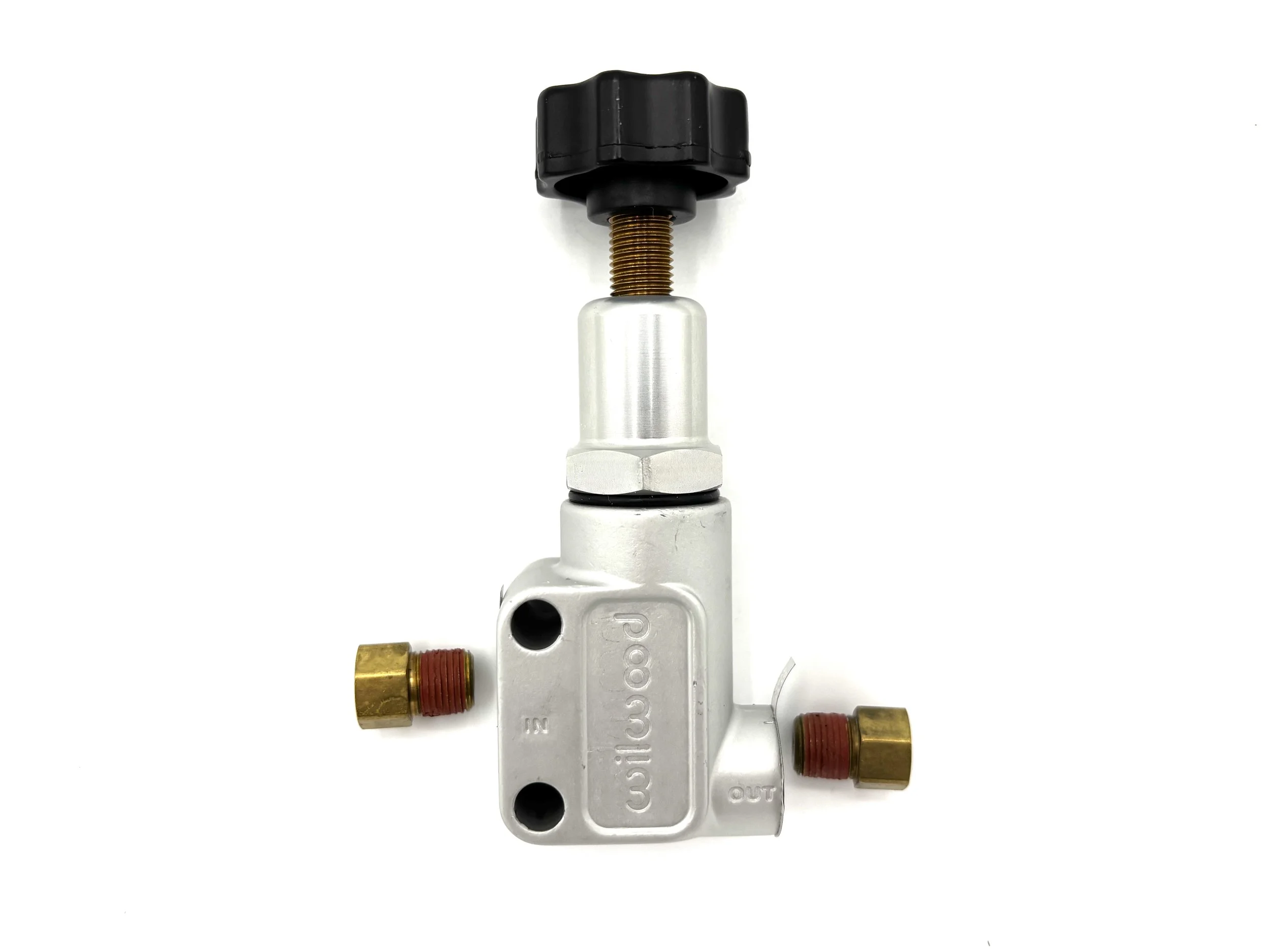 Wilwood Proportioning Valve. Silver color outside with Black knob and gold color threads. Rectangular with a cylinder coming out of the top. Two Fittings included.