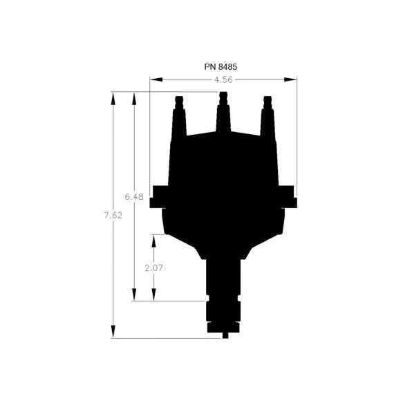 Diagram with dimensions of MSD VW type 1 billet distributor. Has silver color bottom shaft, gray cap, 2 wires coming out to a plug.