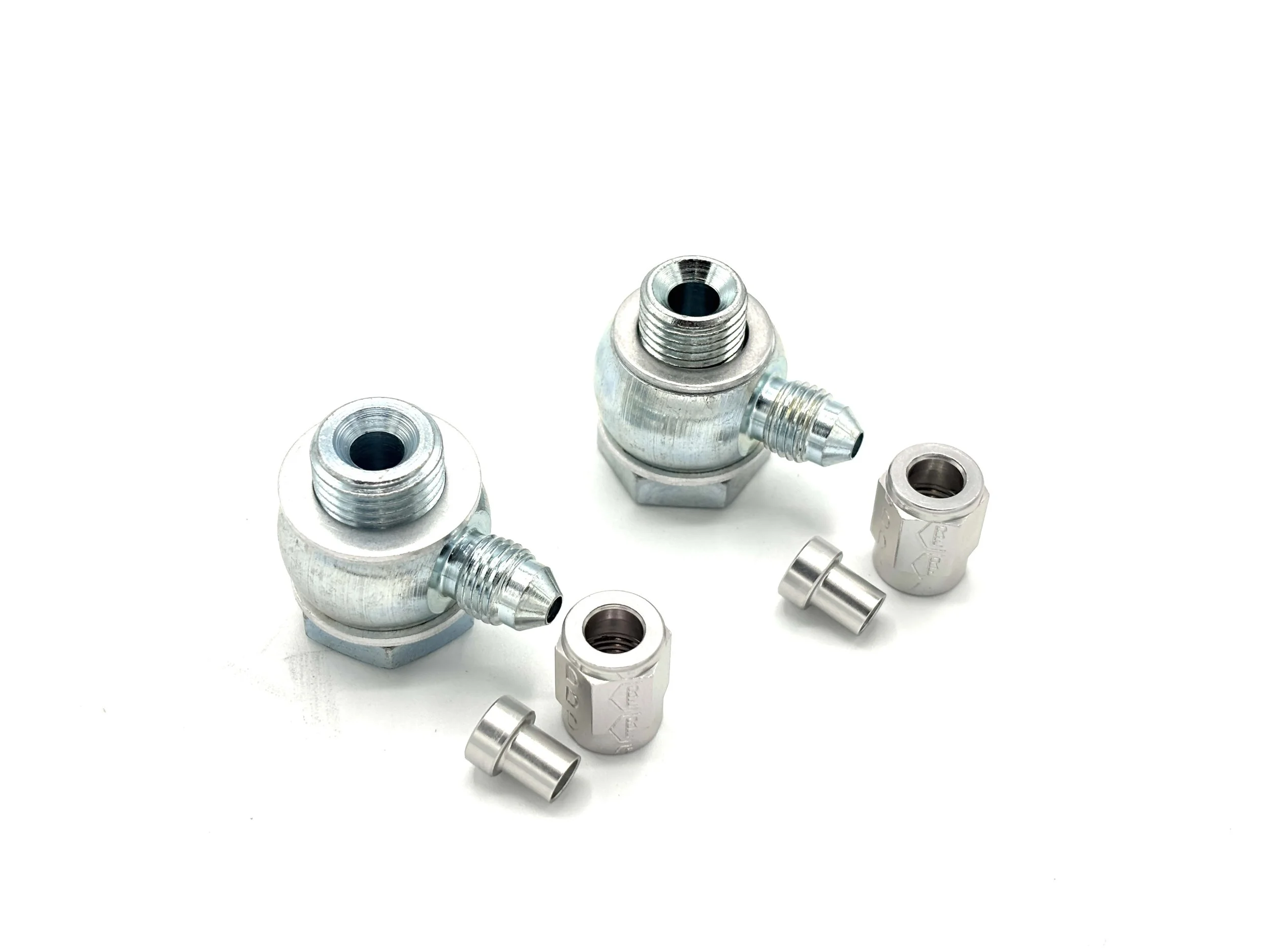 Master cylinder banjo fittings to -3AN male kit. Silver in color. Two next to each other. Exploded view.