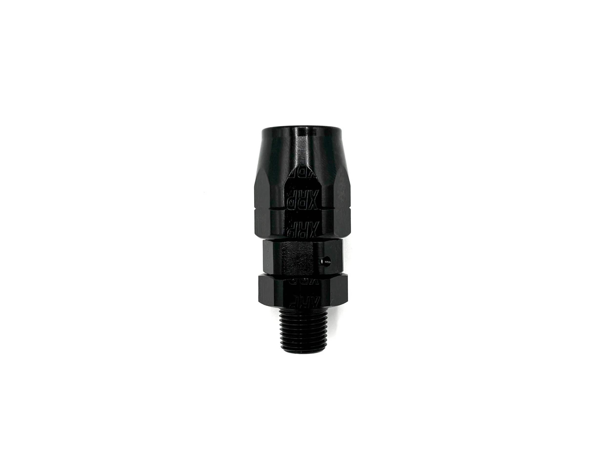Straight Swivel -6AN Hose End to 1/8 NPT Male Fitting black with the hose end facing up and in a straight up and down fashion.