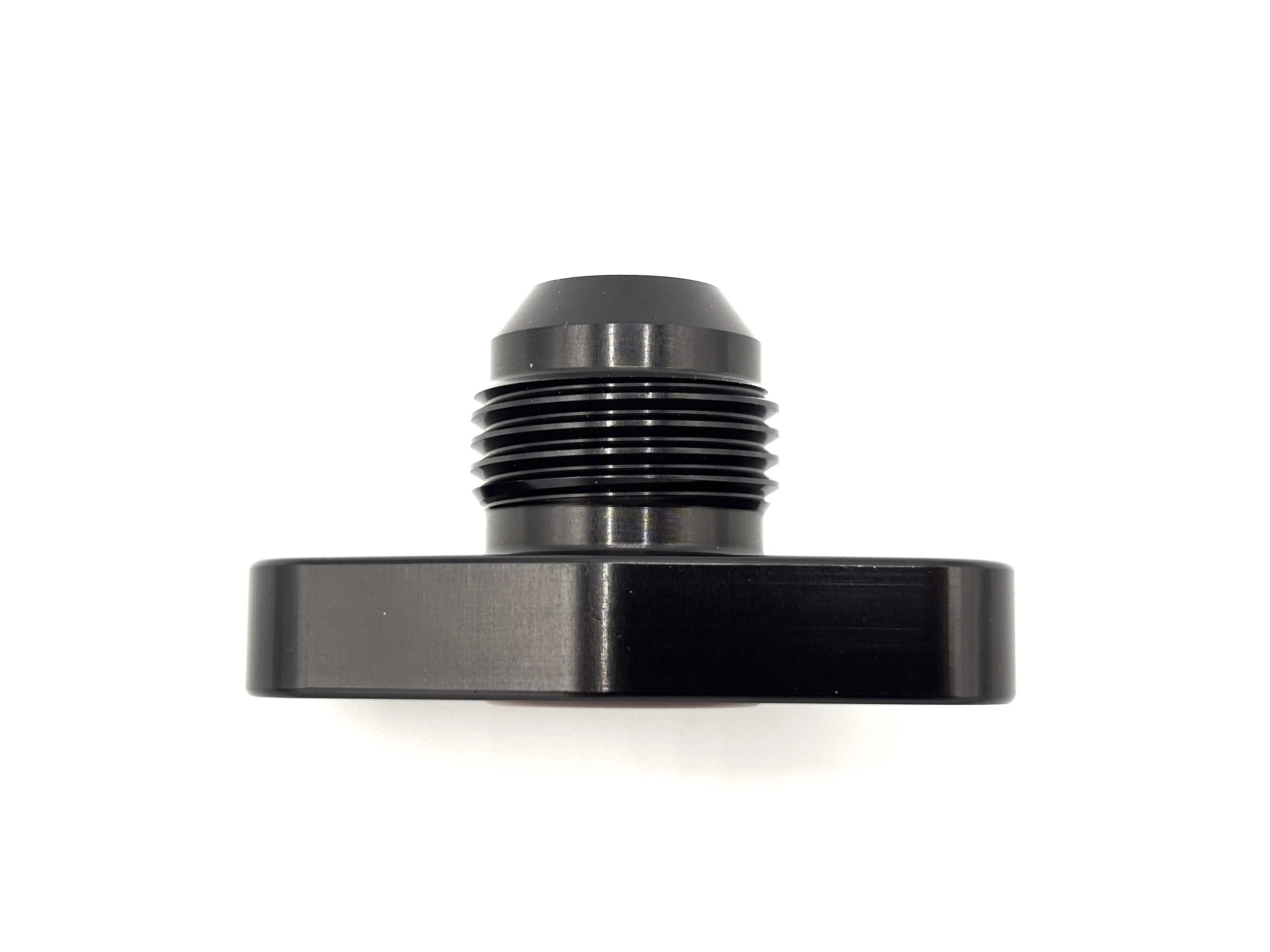 Earl's -10AN male to turbo oil drain flange fitting. Black in color.