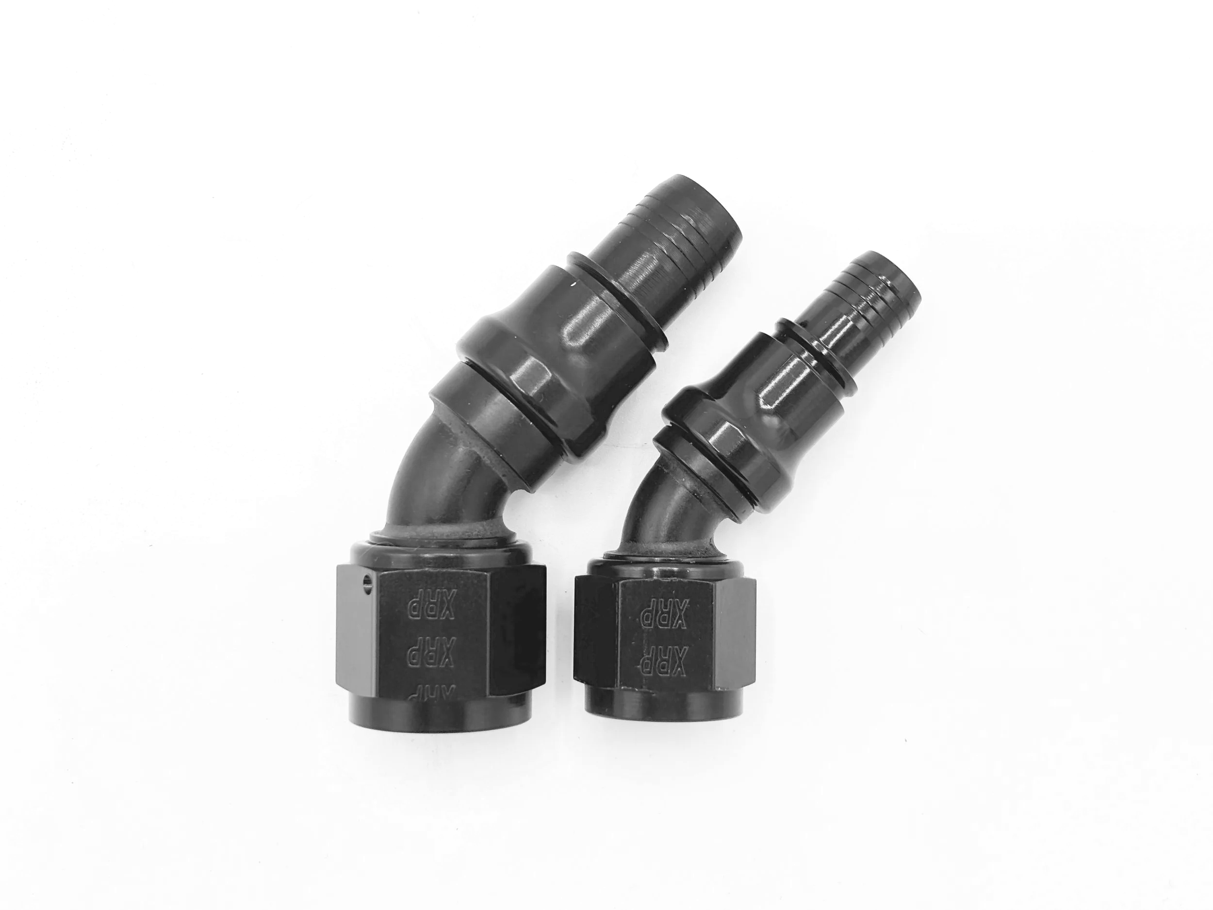 45 Deg. Race Crimp Swivel Hose End to AN Female. Black in color. Multiple sizes.