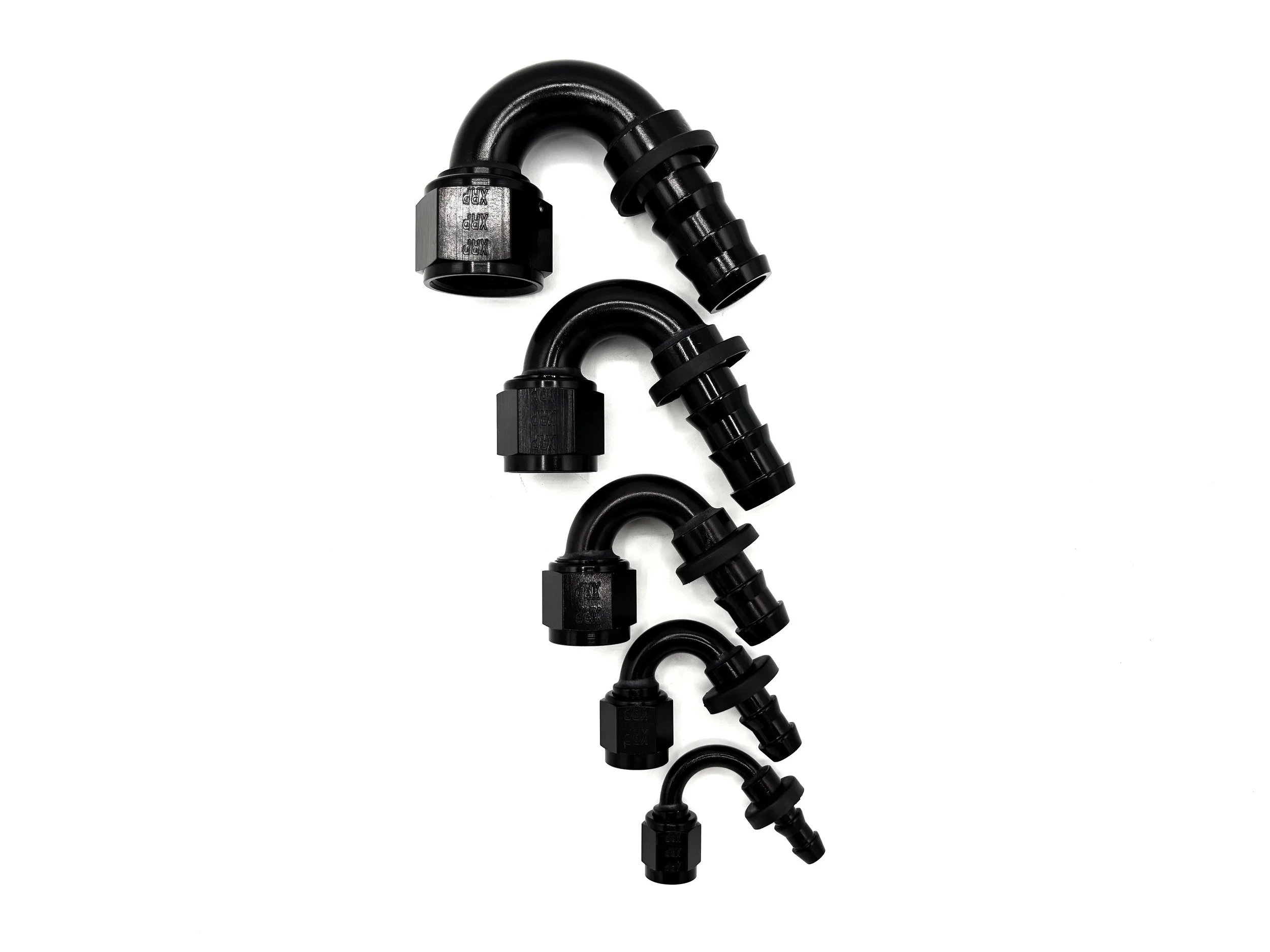 Five 150 Deg. Push Lock Hose End to AN Female fittings black. The bends are facing towards the right. The fittings are in a line in order from largest to smallest in size.