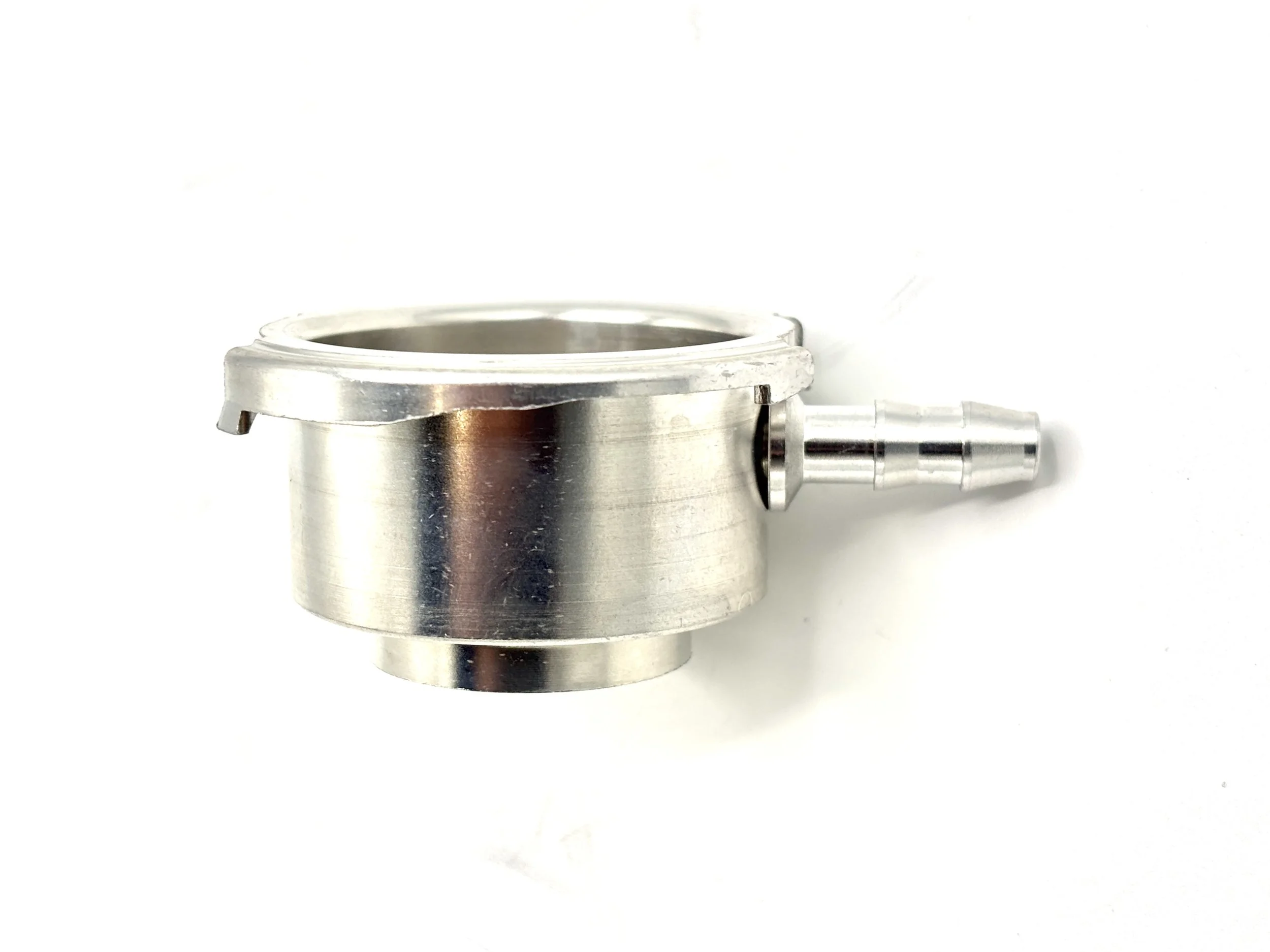 Earl's weld-on water neck. Silver in color.