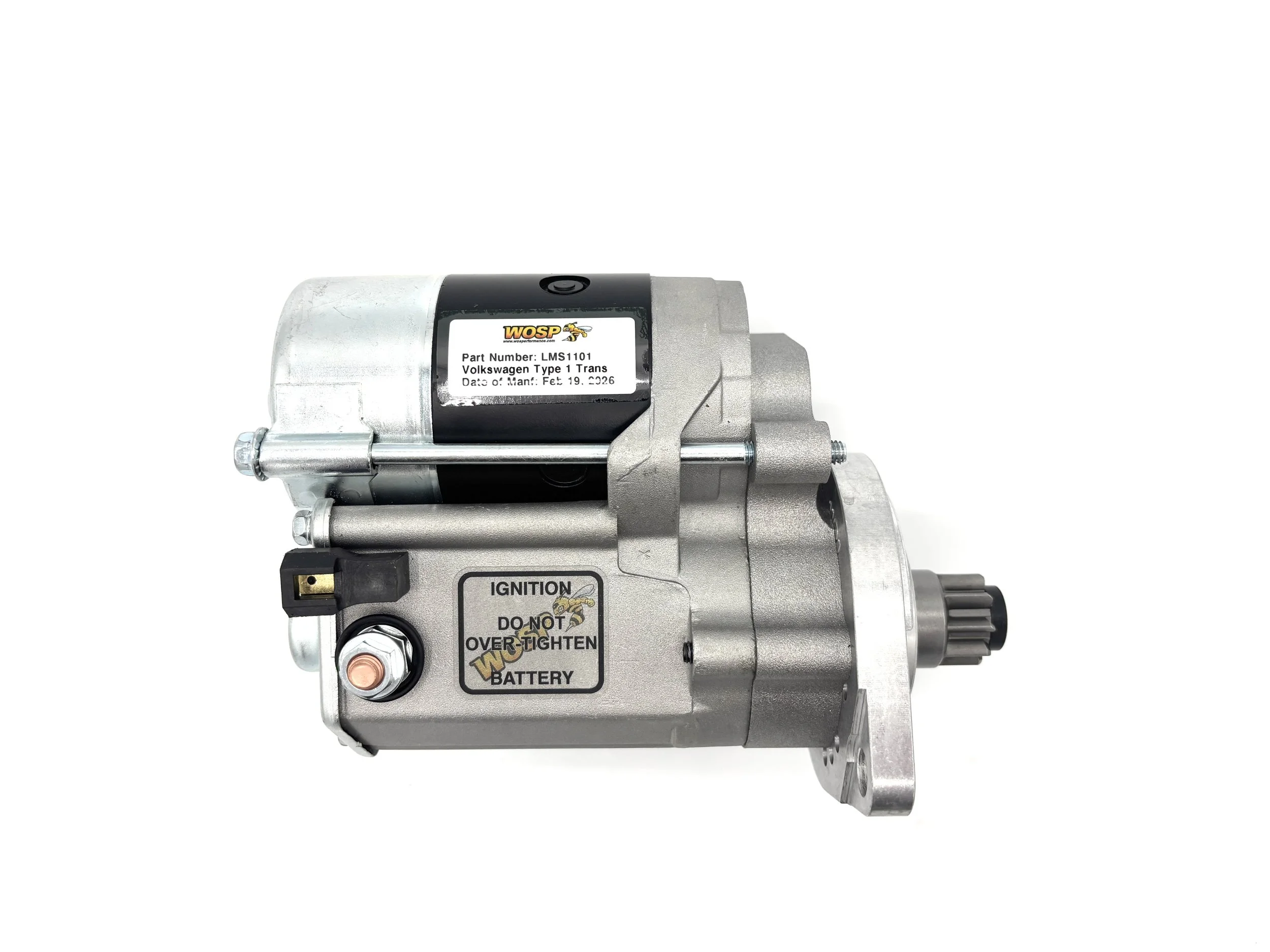 High torque VW gear reduction starter. Silver in color. Side profile.