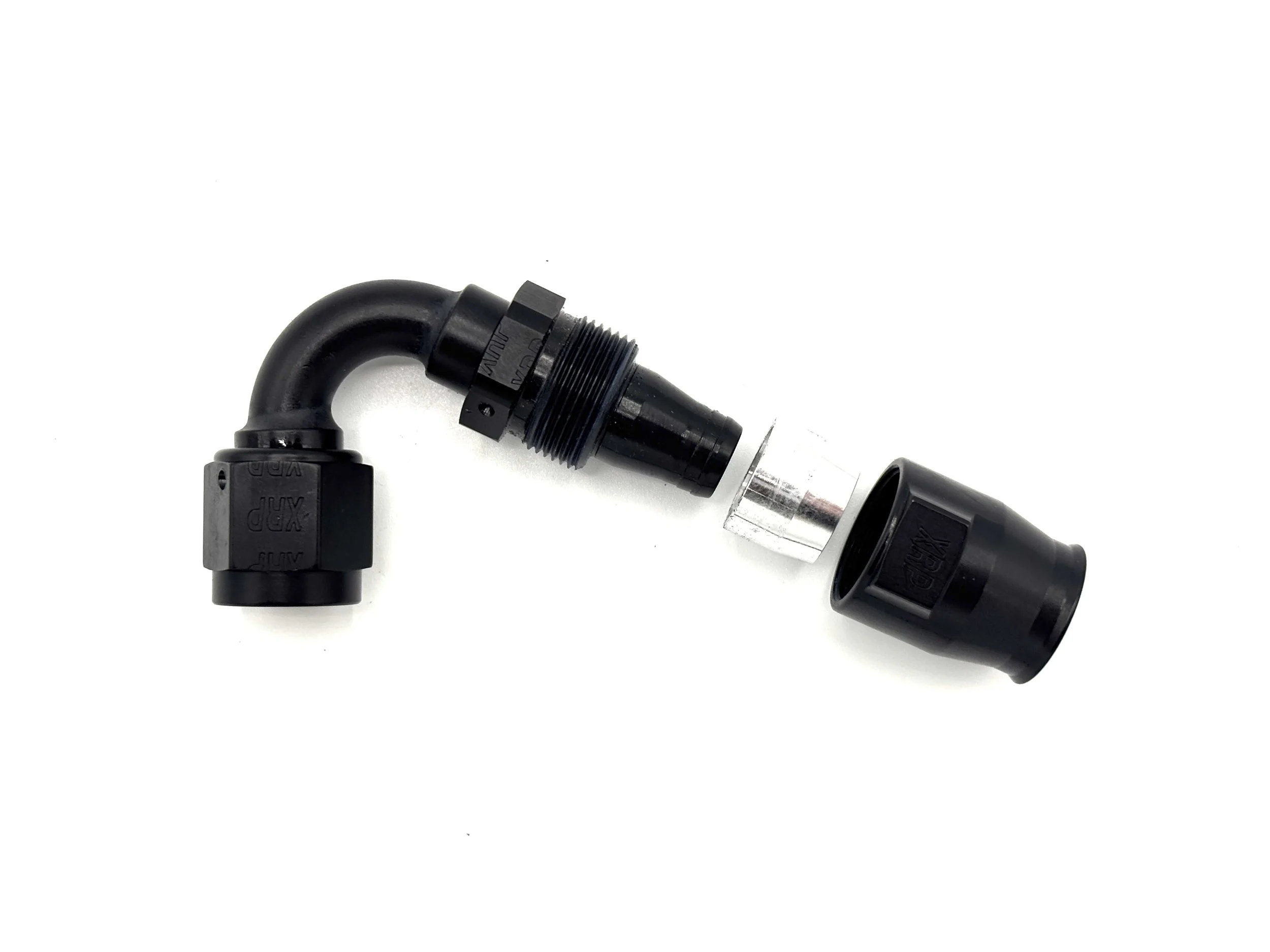 XRP 120 deg. swivel Race Reusable hose end to AN female. Black in color. Exploded view.