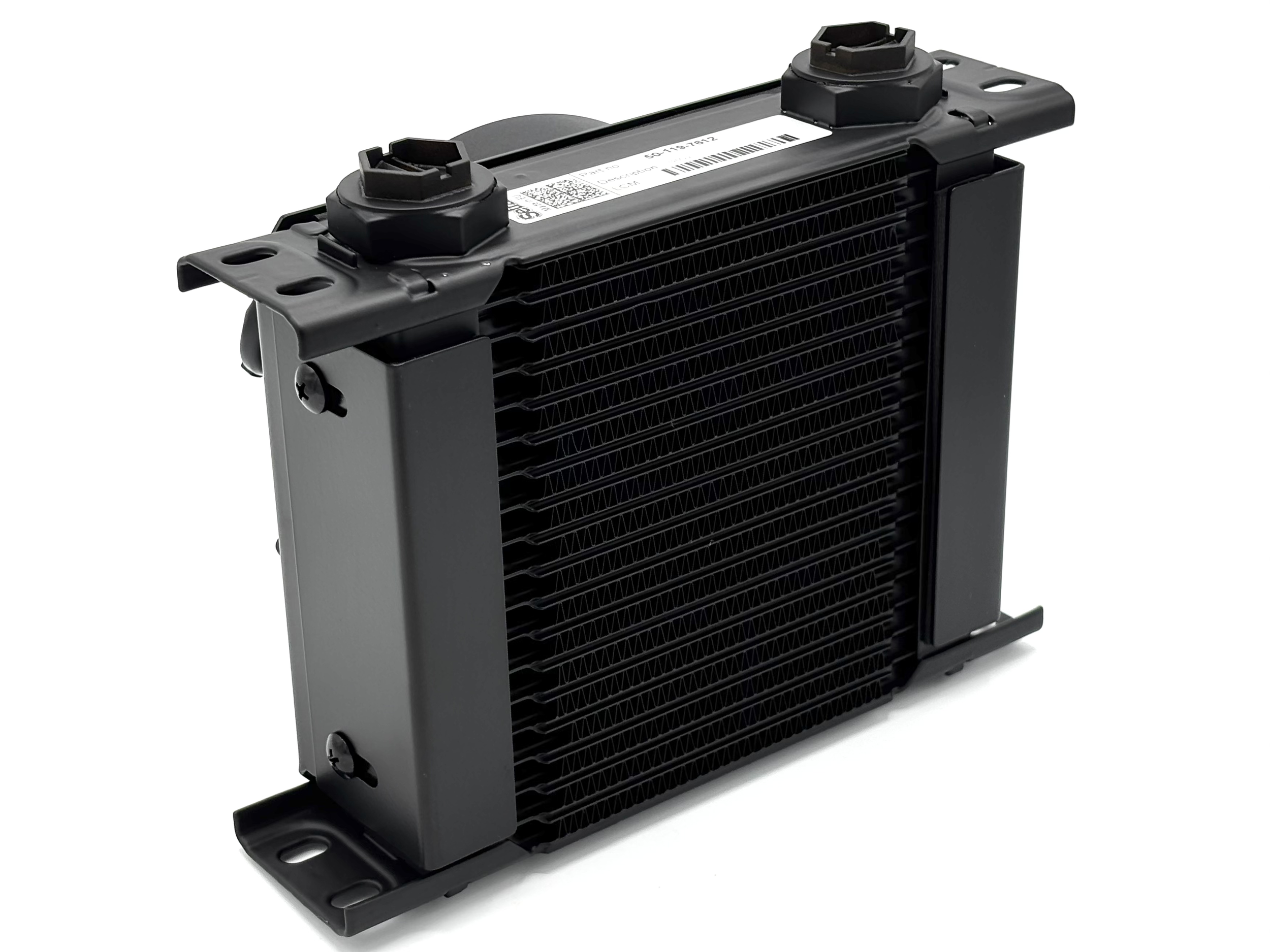 Bottom side of Universal Setrab Oil Cooler. Fitting outlets are visible on the top.