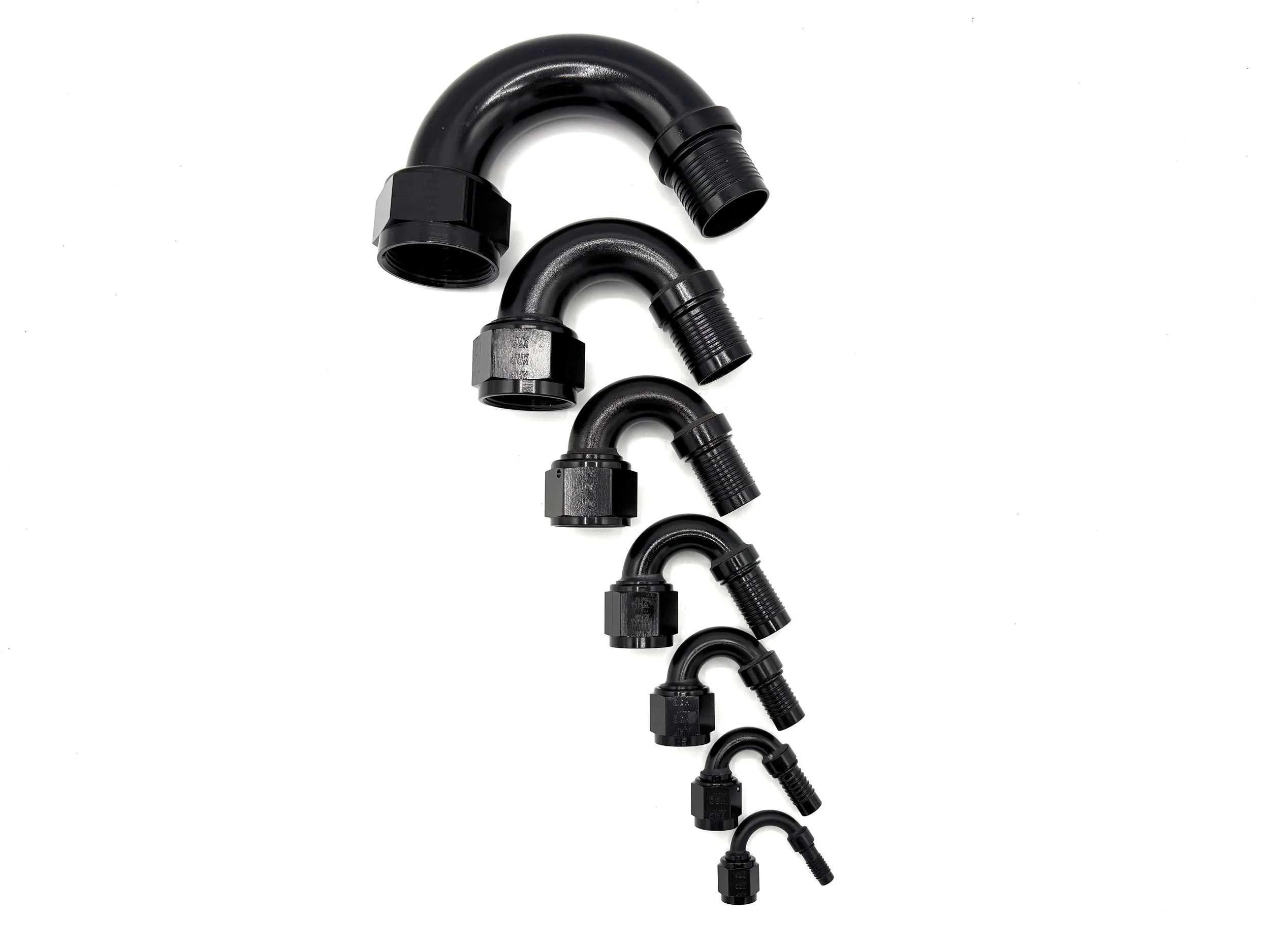 XRP 150 deg. HS-79 crimp hose end to AN female. Black in color. Various sizes from largest to smallest, left to right.