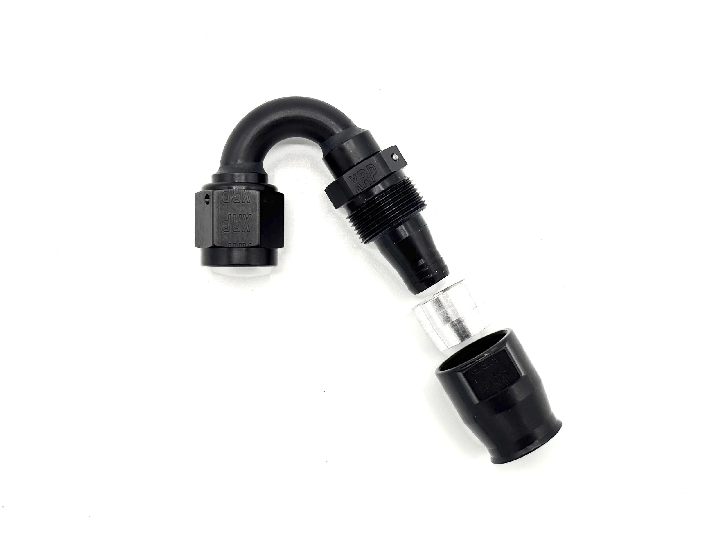 XRP 150 deg. swivel Race Reusable hose end to AN female. Black in color. Exploded view.