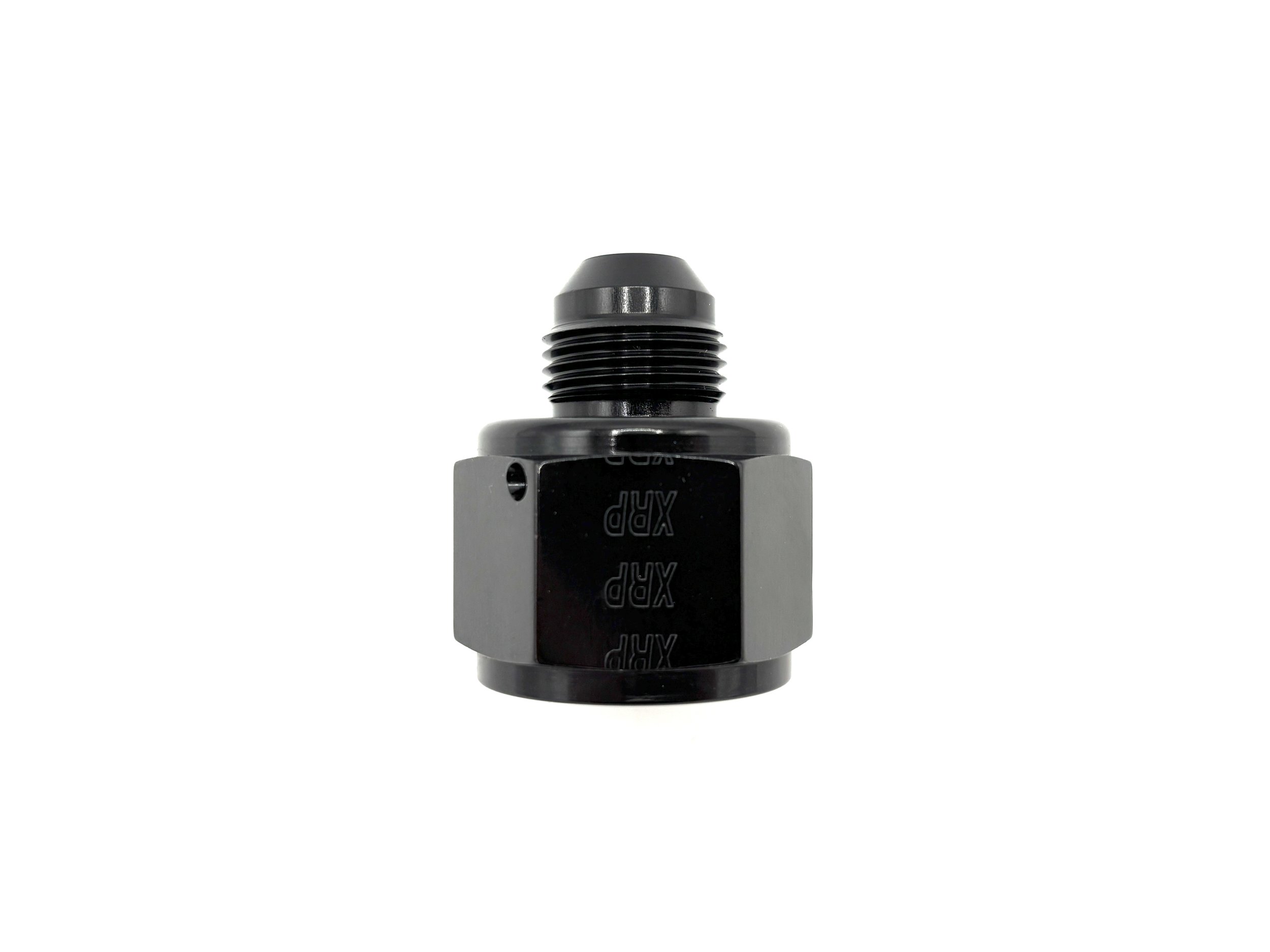 XRP straight -12AN female to AN male reducer fitting. Black in color.
