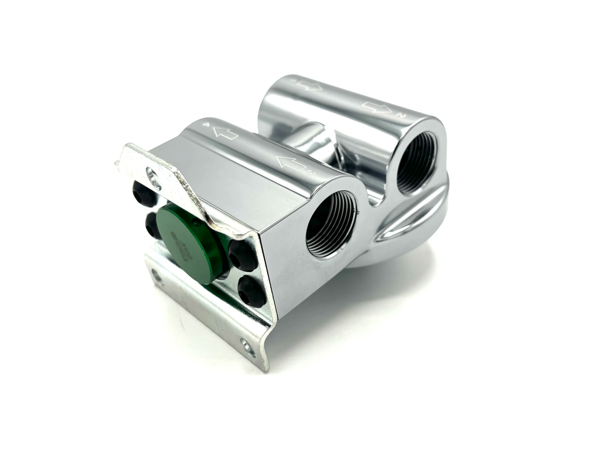 Setrab Thermostatic Remote Oil Filter Stand 77mm. Rectangular oil filter head, has 4 ports with a thermostat inserted to the back of the unit. Rear Side View. Silver