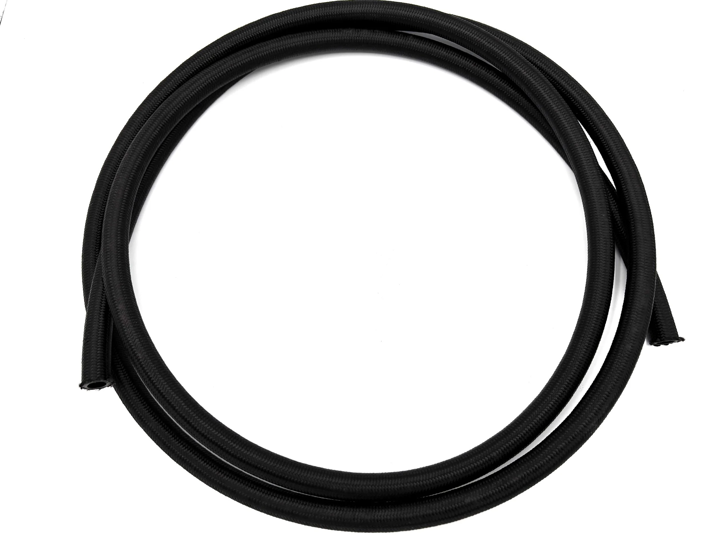 Nylon Steel Braided Hose. Top View of the hose coiled up. Black