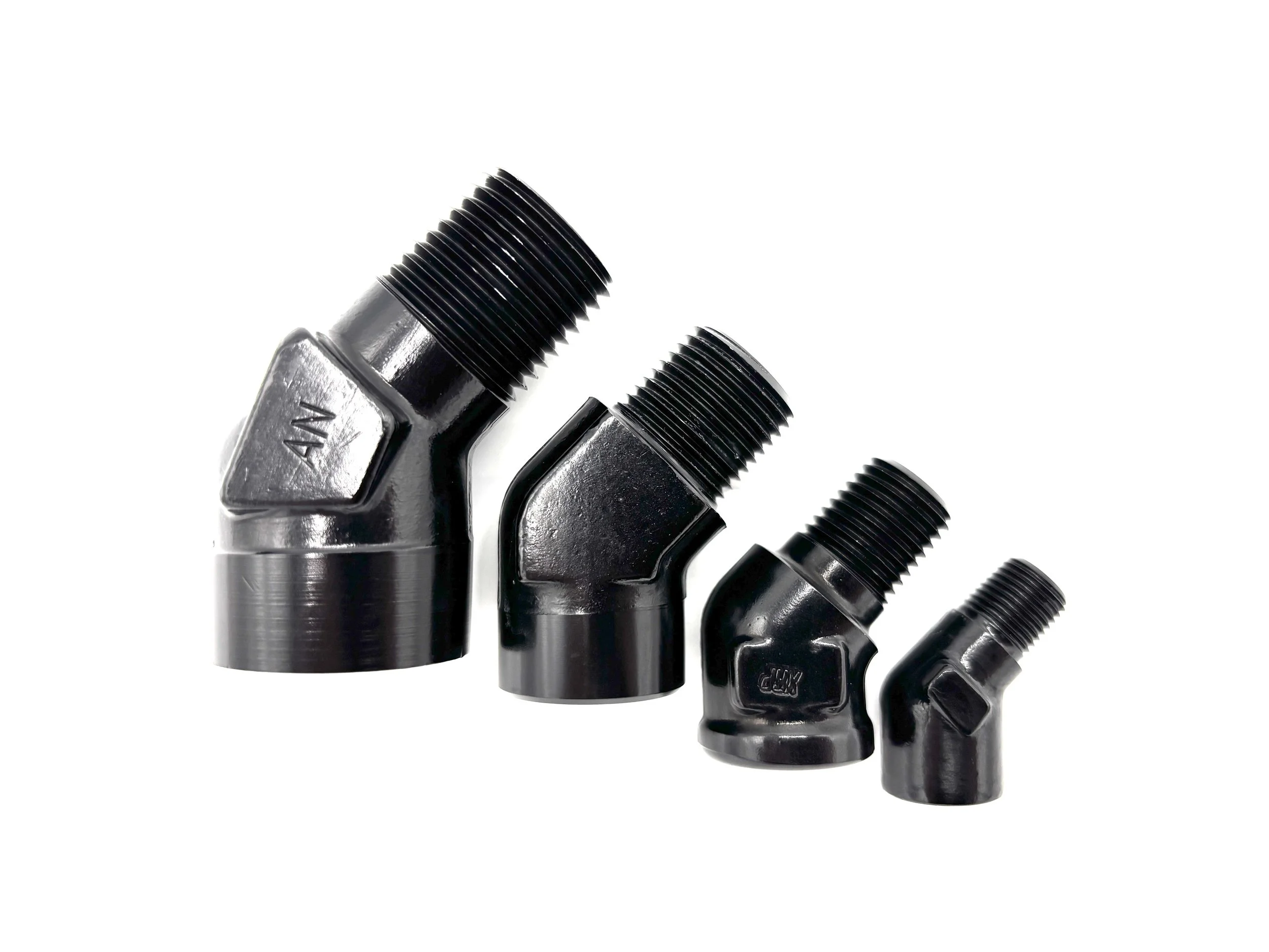 XRP 45 deg. NPT male to female adapter fitting. Black in color. Various sizes from largest to smallest, left to right.