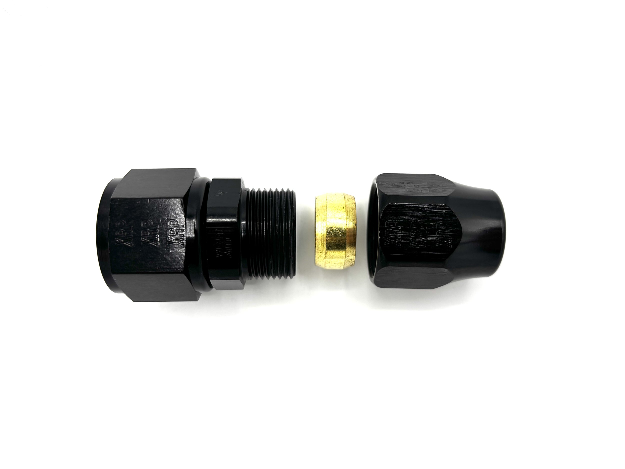 XRP AN female to tube compression adapter fitting. Black in color. Exploded view with compression sleeve in middle.