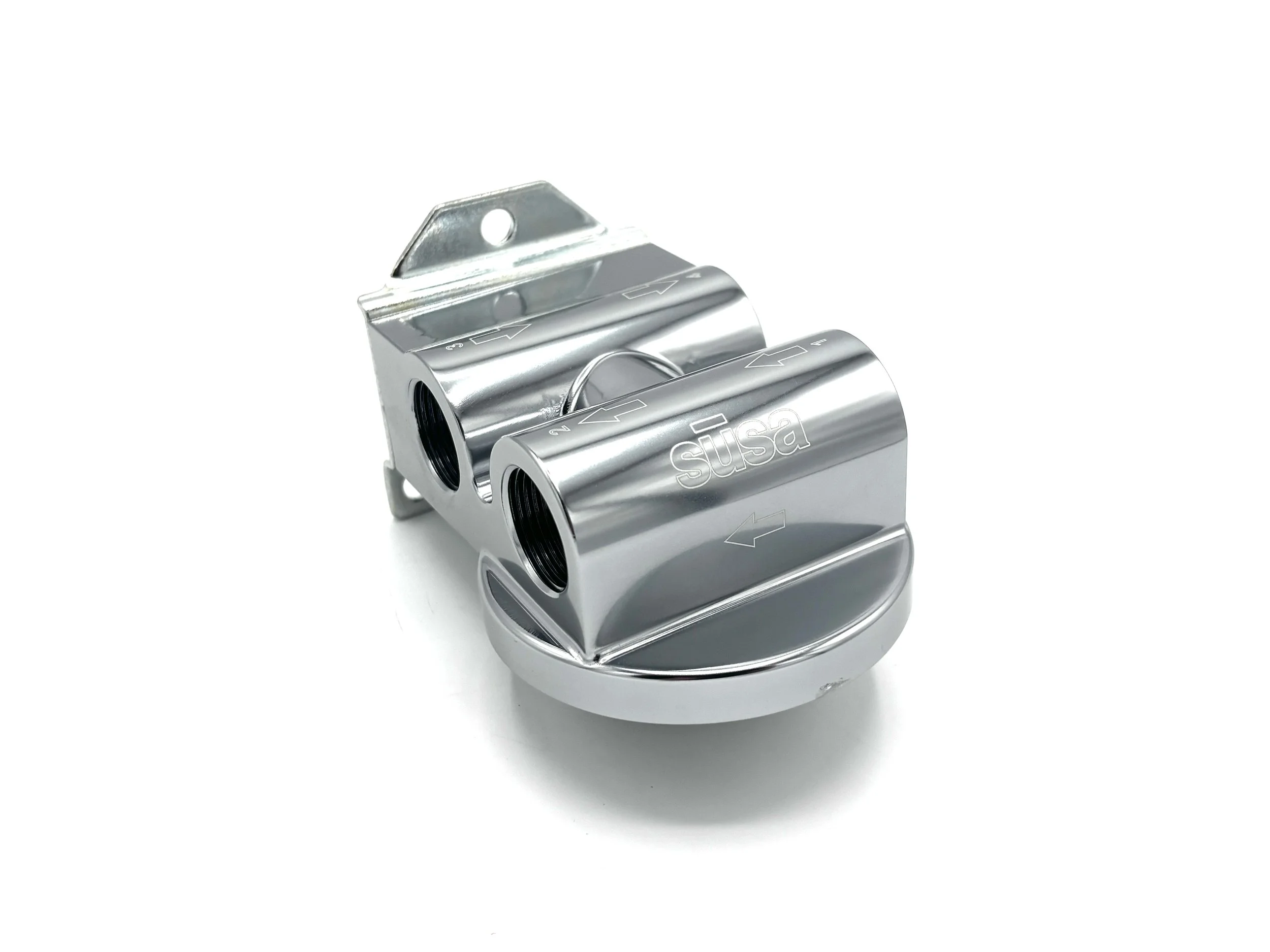 Setrab Thermostatic Remote Oil Filter Stand 77mm. Rectangular oil filter head, has 4 ports with a thermostat inserted to the back of the unit. Front Side View. Silver