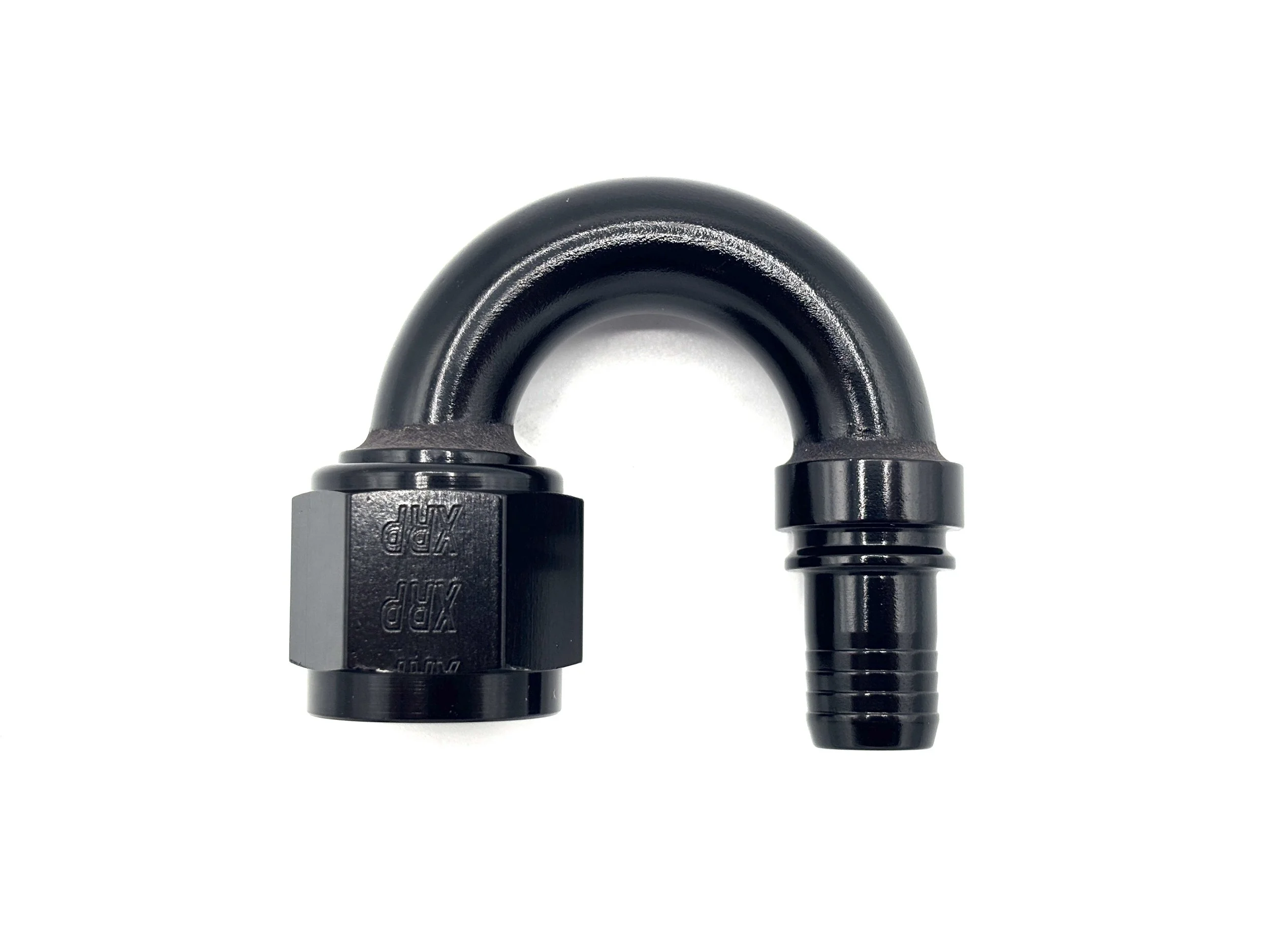 XRP 180 deg. race crimp hose end to AN female. Black in color.