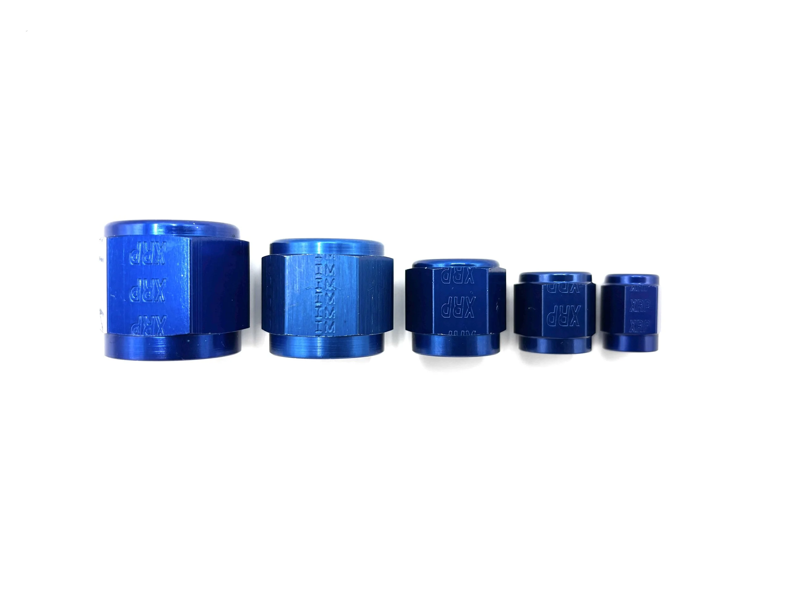 XRP blue aluminum AN female tube nut. Various sizes from largest to smallest, left to right.