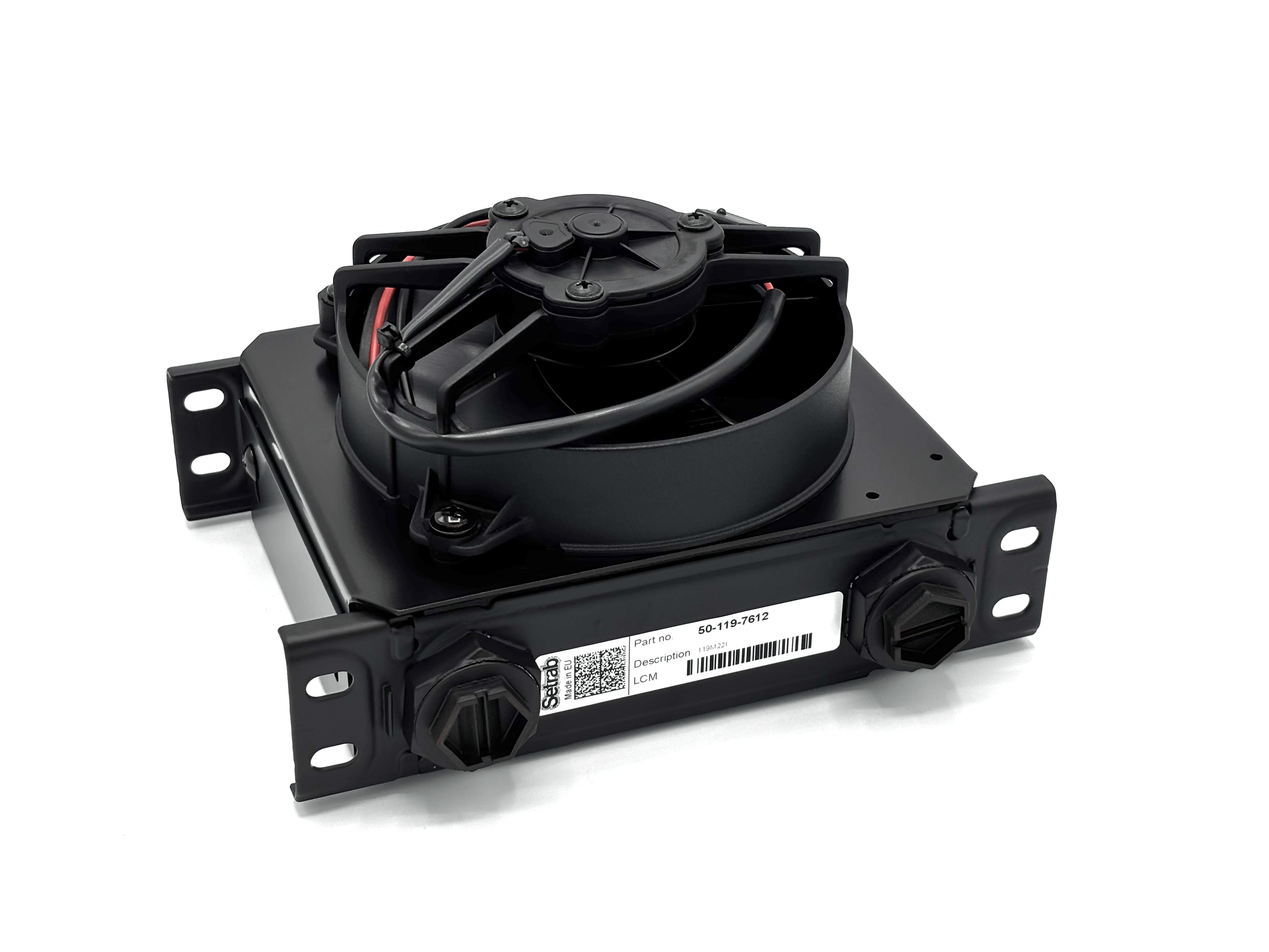 Top side of Universal Setrab Oil Cooler. Fitting outlets are visible on the side. Fan is on top.