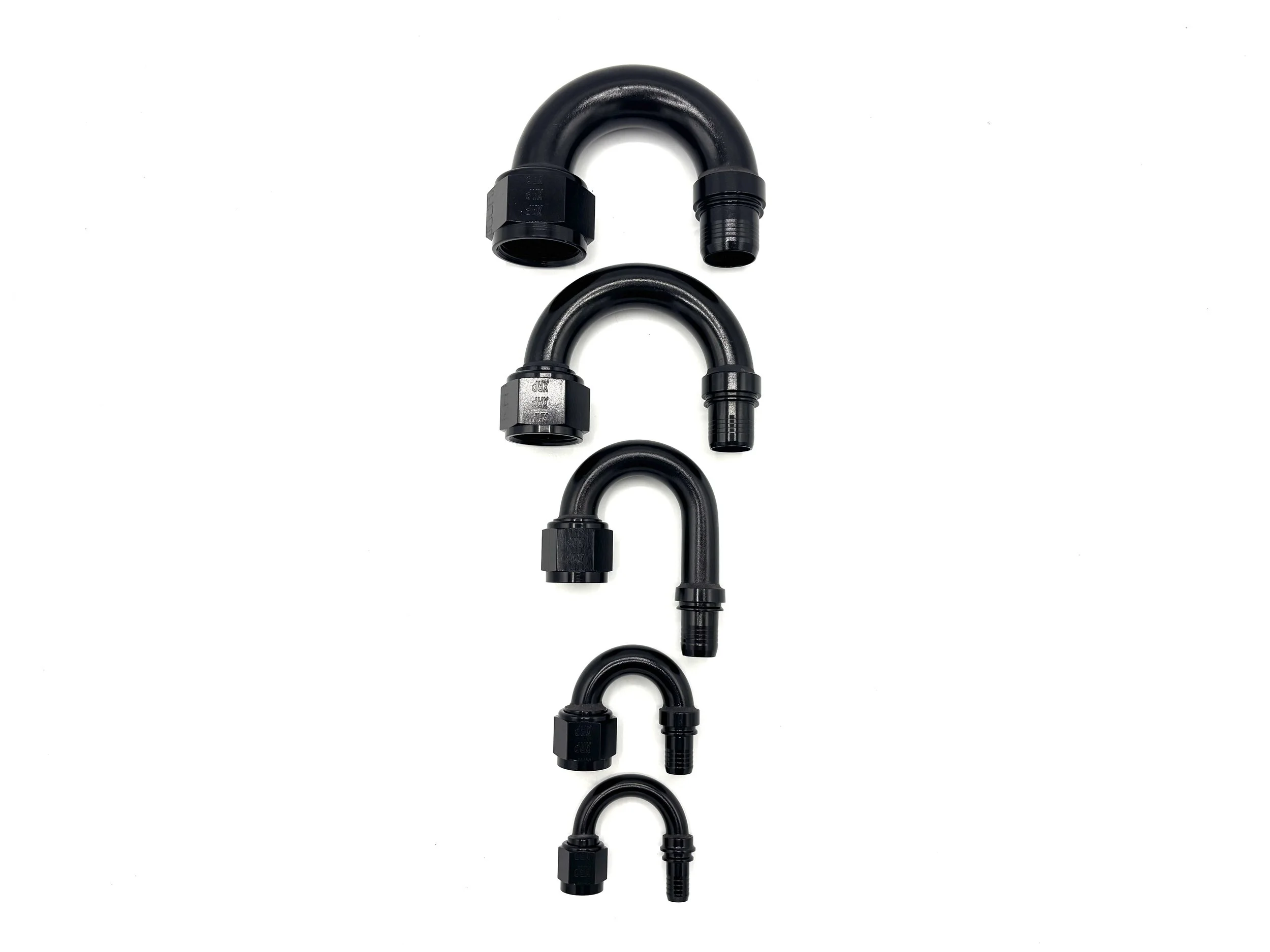 XRP 180 deg. race crimp hose end to AN female. Black in color. Various sizes from largest to smallest, left to right.
