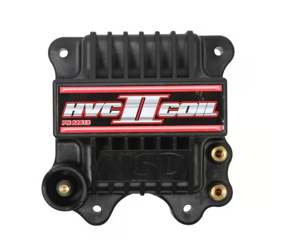 MSD HVC-2 series ignition coil. Black in color. Has gold color posts. Says MSD in black. Says HVC II Coil in red and silver on the top.