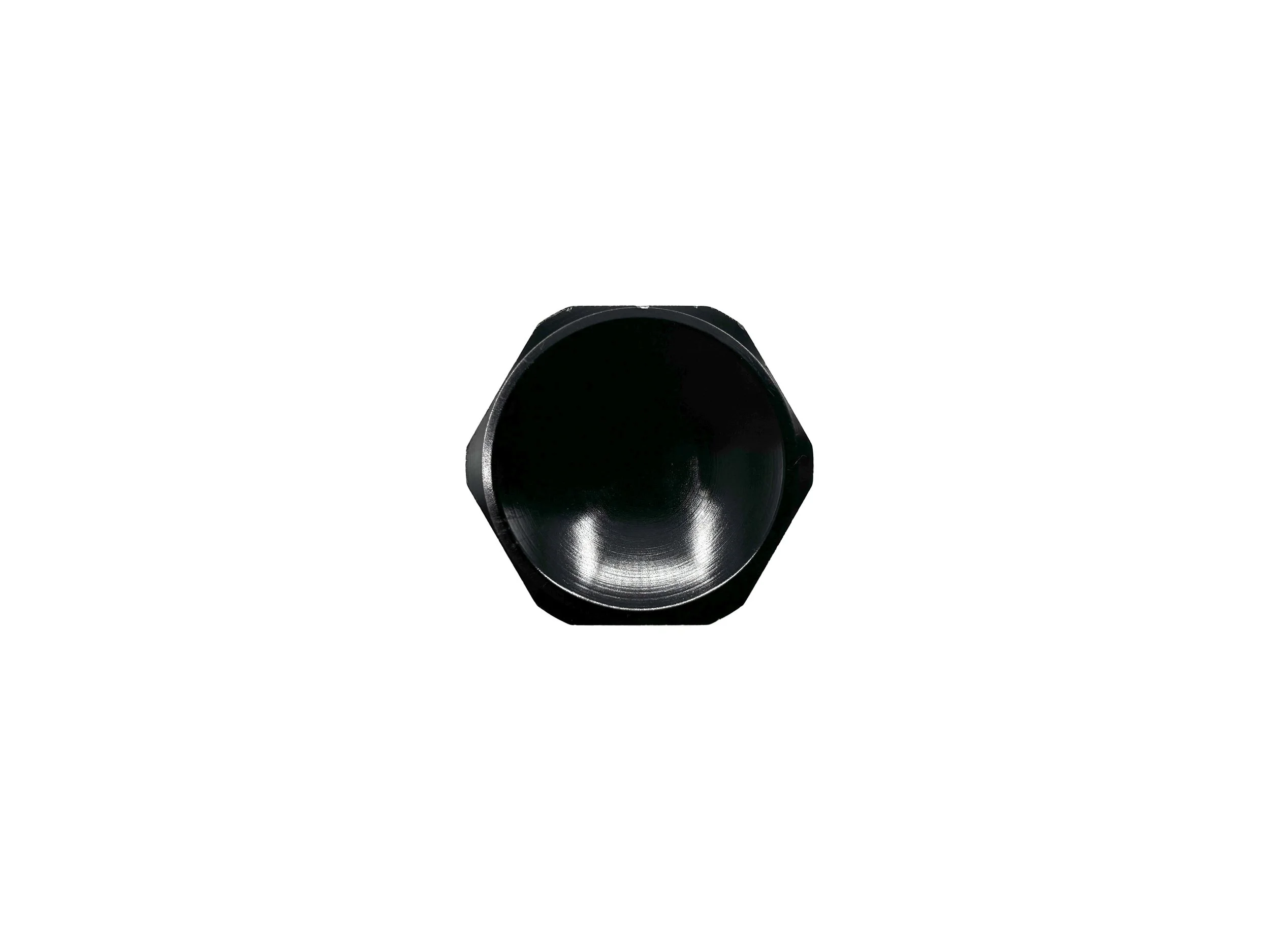 XRP o-ring boss plug. Black in color. Top view, has hex shaped head with a dished middle.