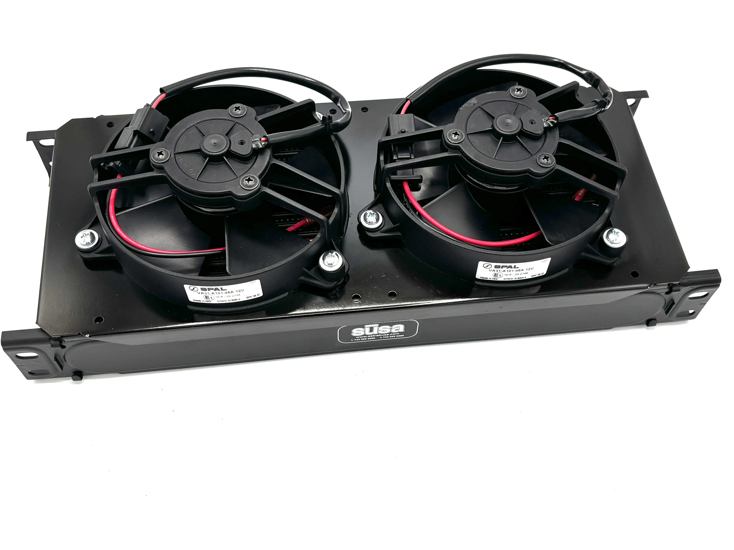 Side view Large Black Oil cooler with fins in the middle and two fan with a shroud.