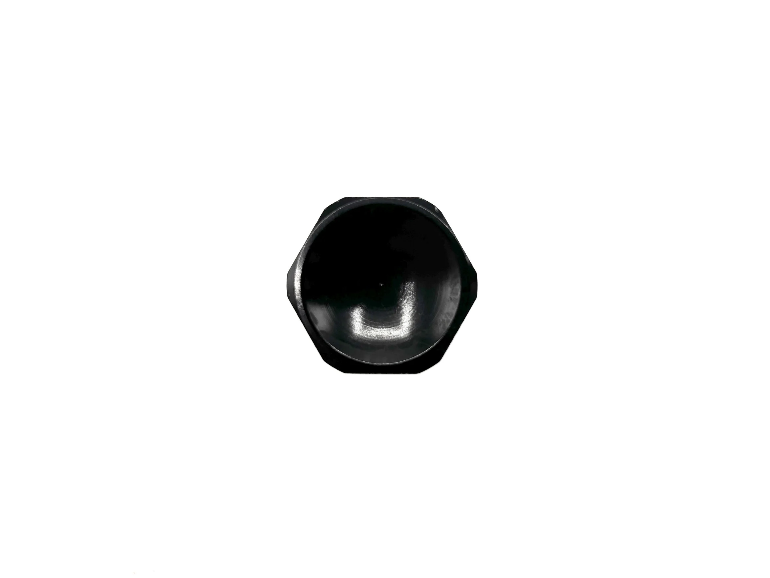 XRP -12 AN male plug. Black in color. Has hex shaped head. Top view of dished hex head.