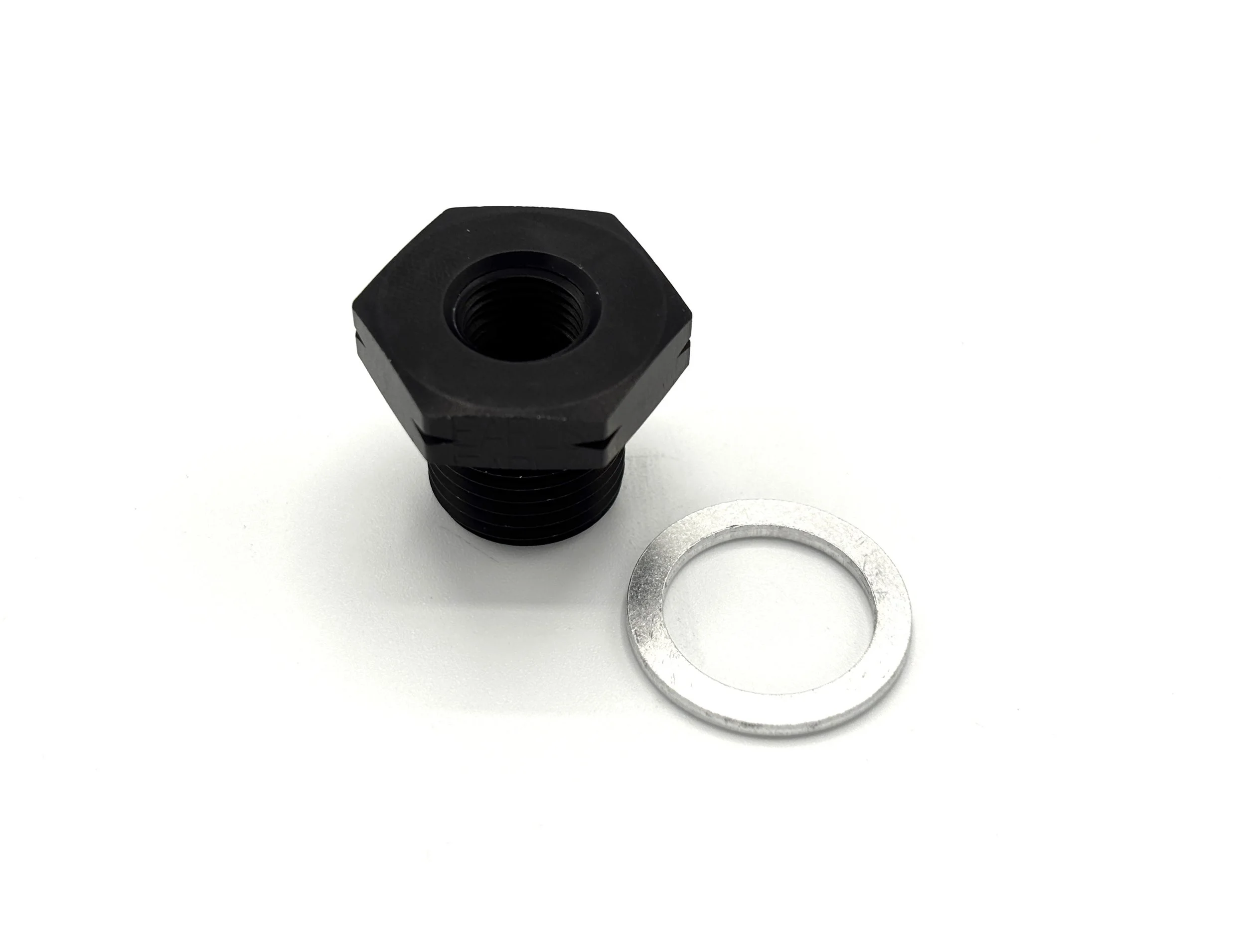 Earl's GM LS 1/8NPT to M16 × 1.5 oil pressure gauge adapter fitting. Black in color.