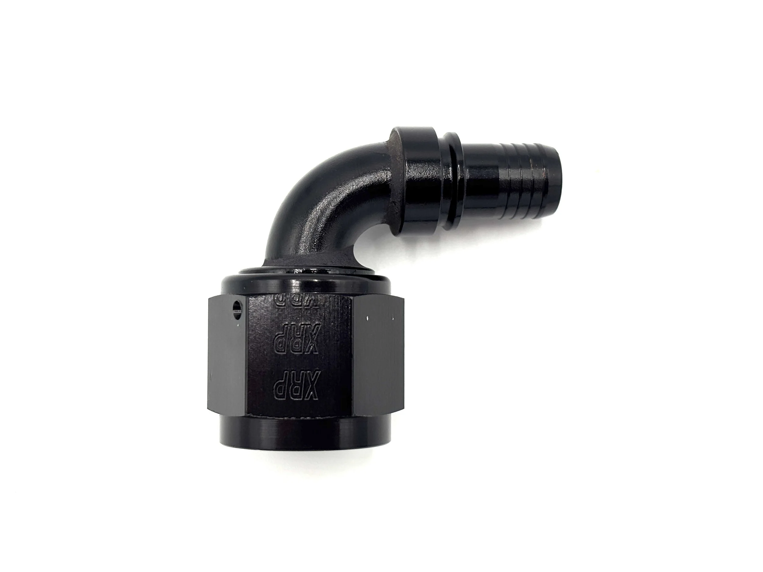 XRP 90 deg. -8AN race crimp hose end to -10AN female. Black in color.