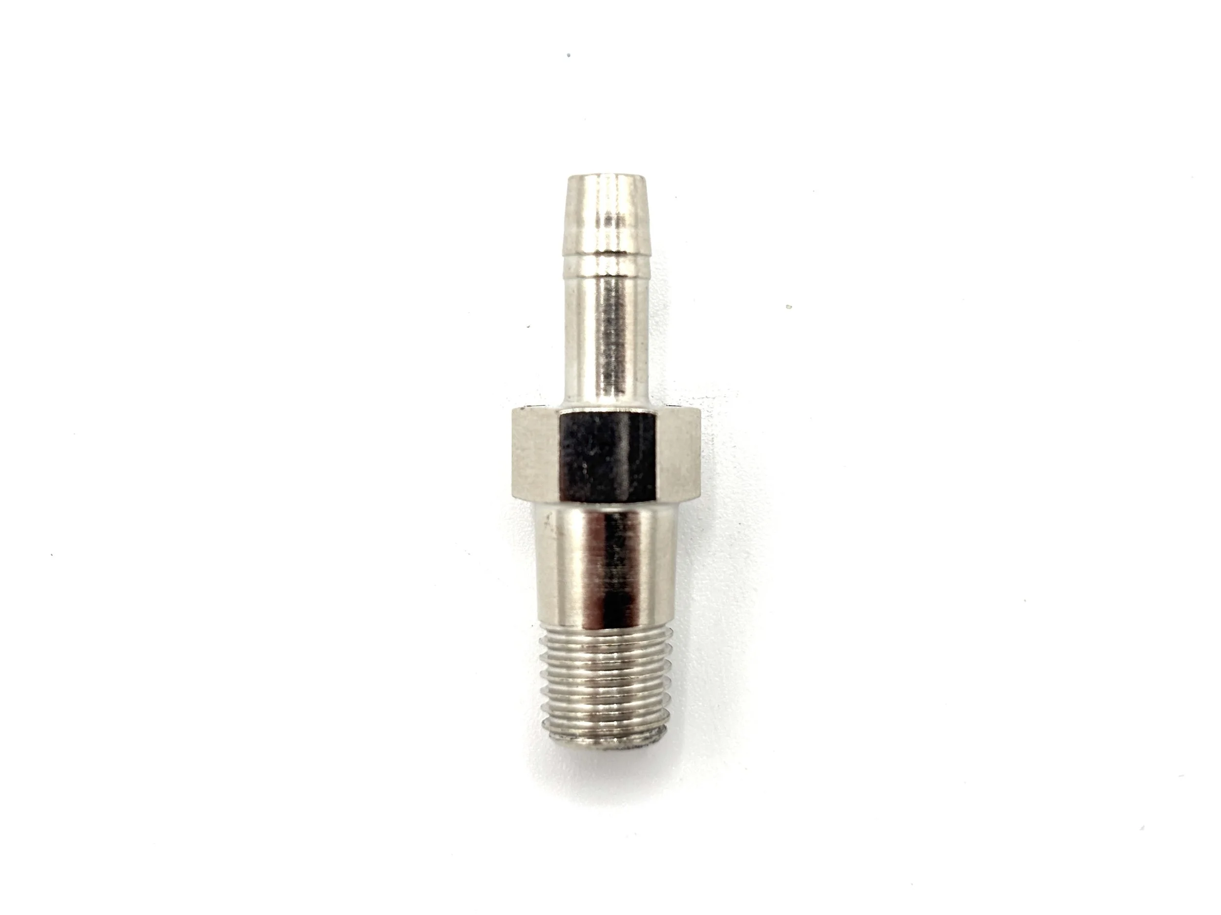 Earl's straight 5/32” male hose barb to 1/16NPT male extended adapter. Silver in color.