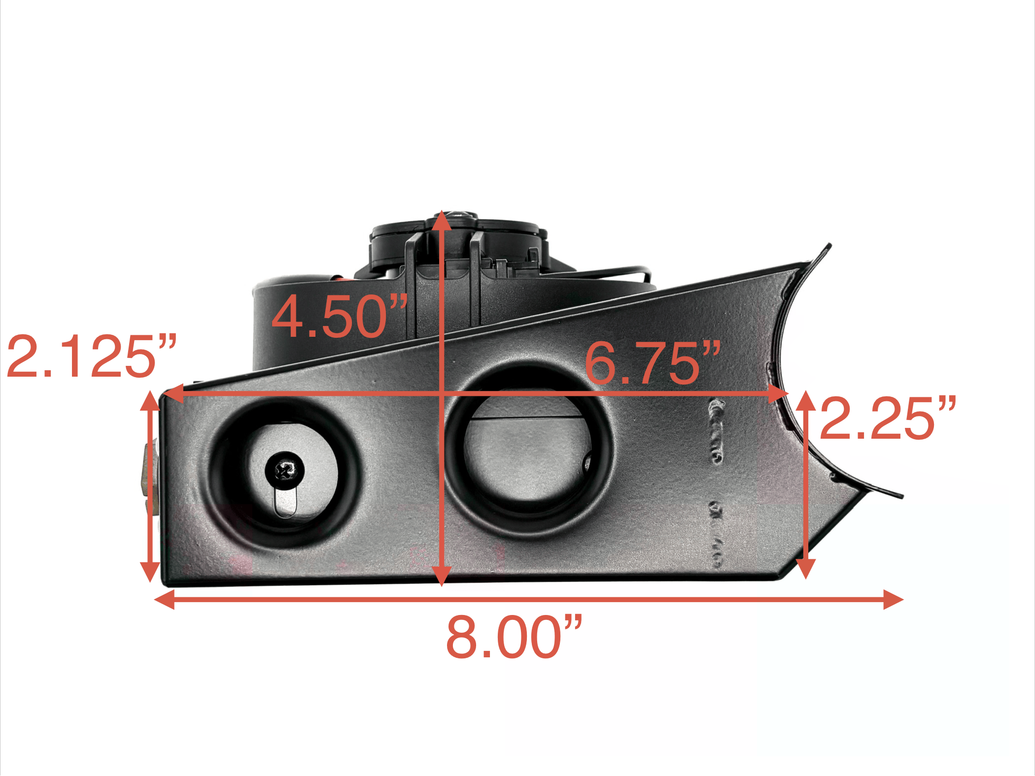 Side view of Type 1 Swing Axle Oil Cooler with the measurements next to it. 8 in wide. 4.50 in long