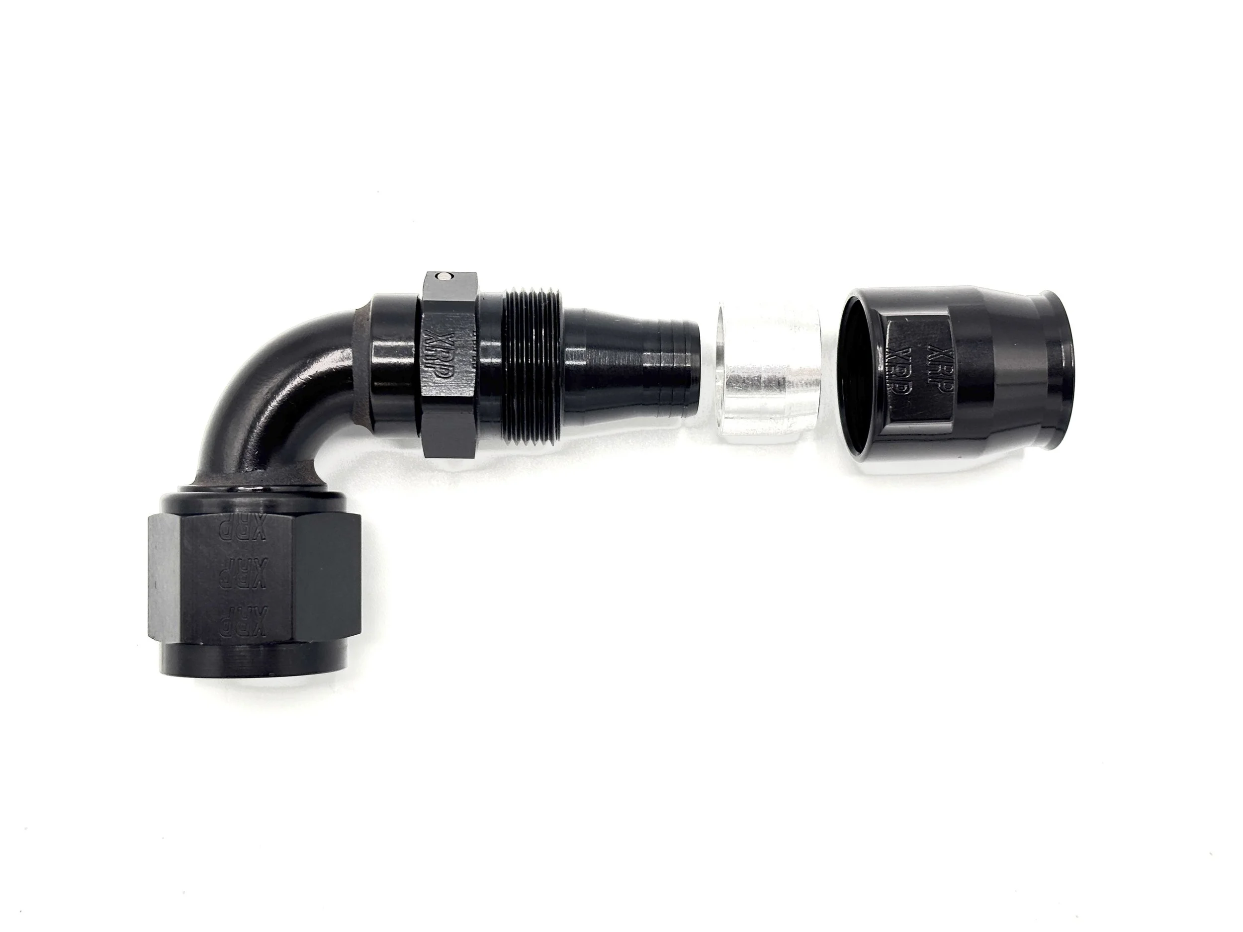 XRP 90 deg. swivel Race Reusable hose end to AN female. Black in color. Exploded view.