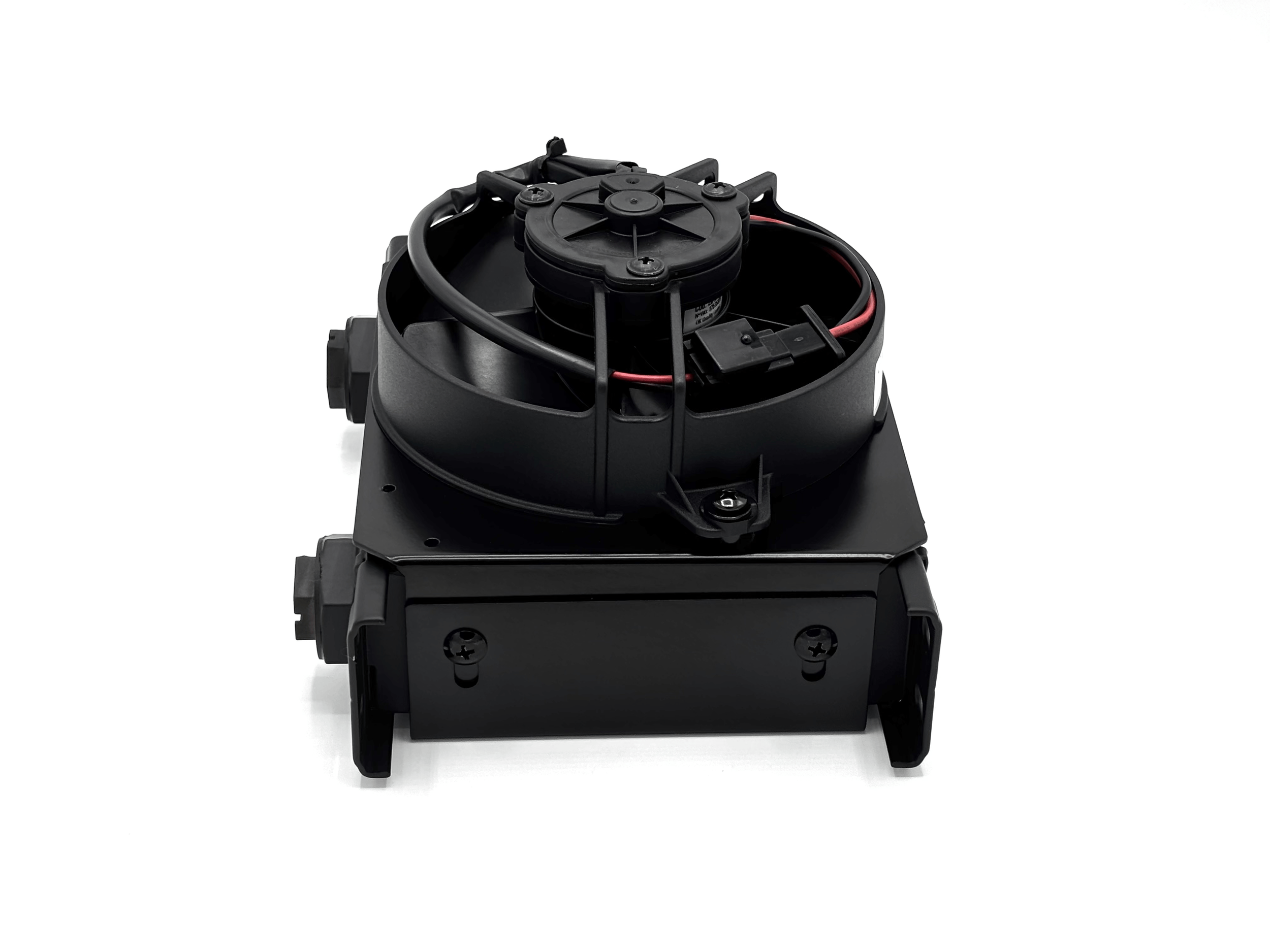 Top side of Universal Setrab Oil Cooler. Fitting outlets are visible on the side. Fan is on top.