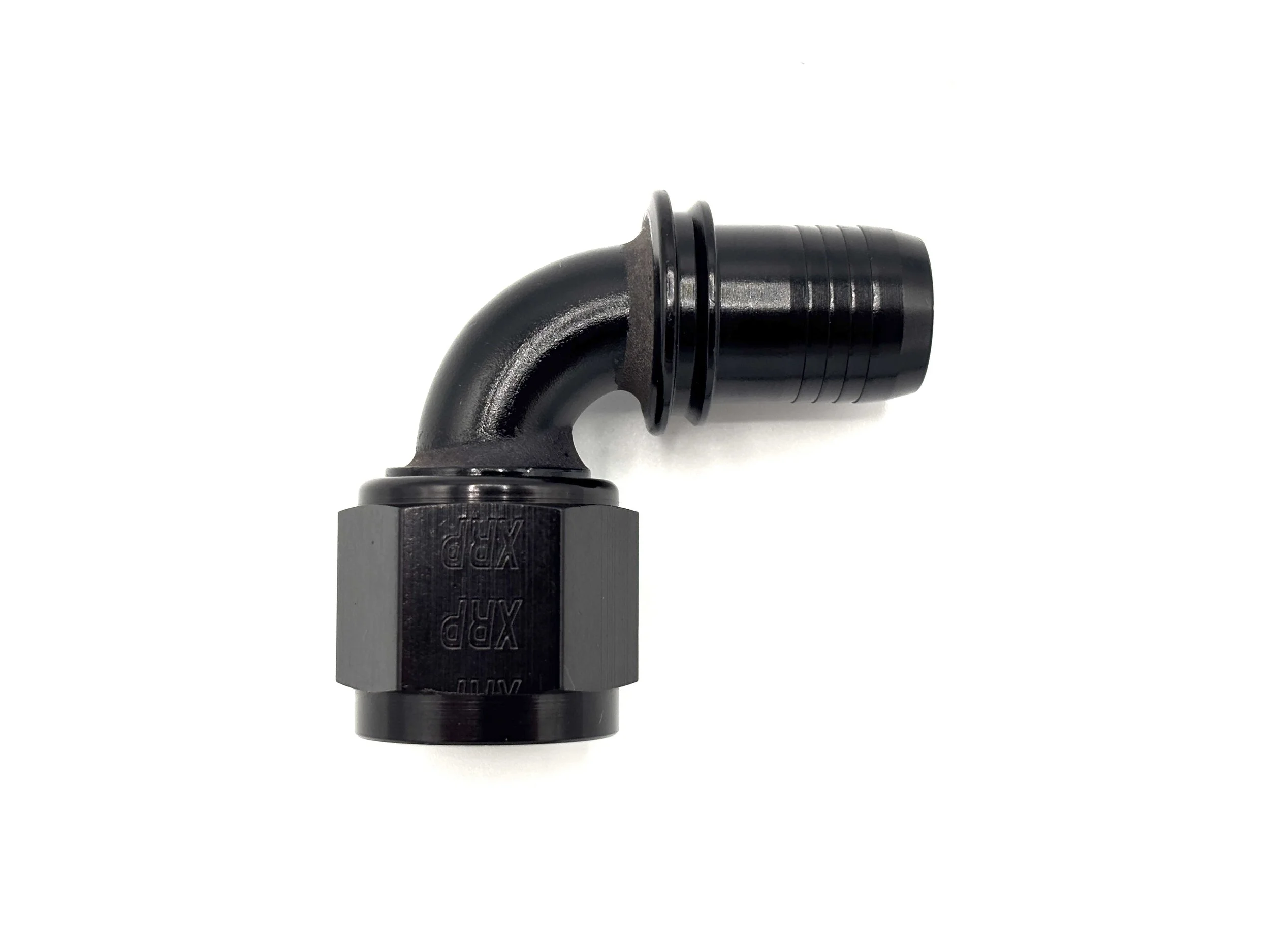 XRP 90 deg. -10AN race crimp hose end to -8AN female. Black in color.