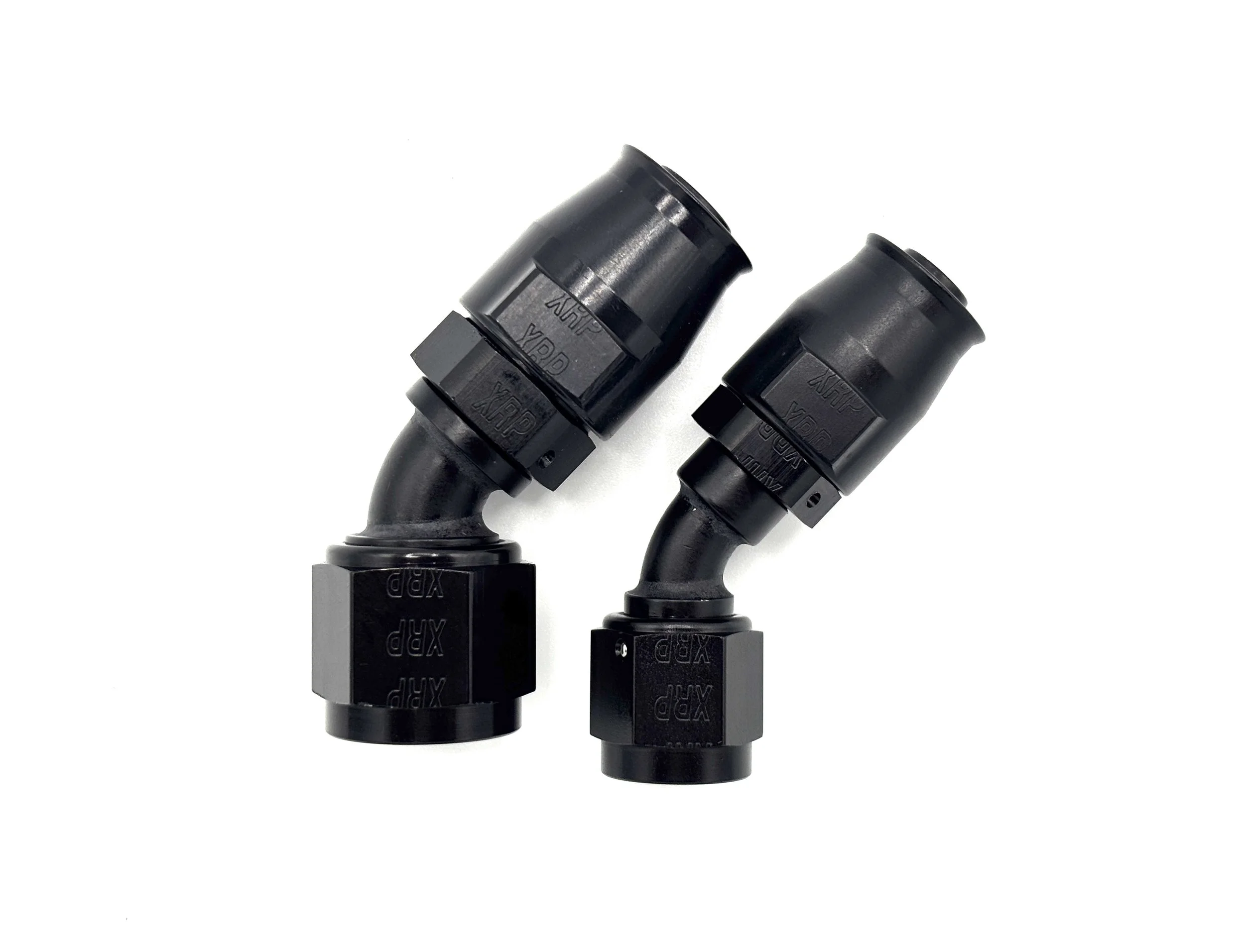 XRP 45 deg. swivel Race Reusable hose end to AN female. Black in color. Various sizes from largest to smallest, left to right.