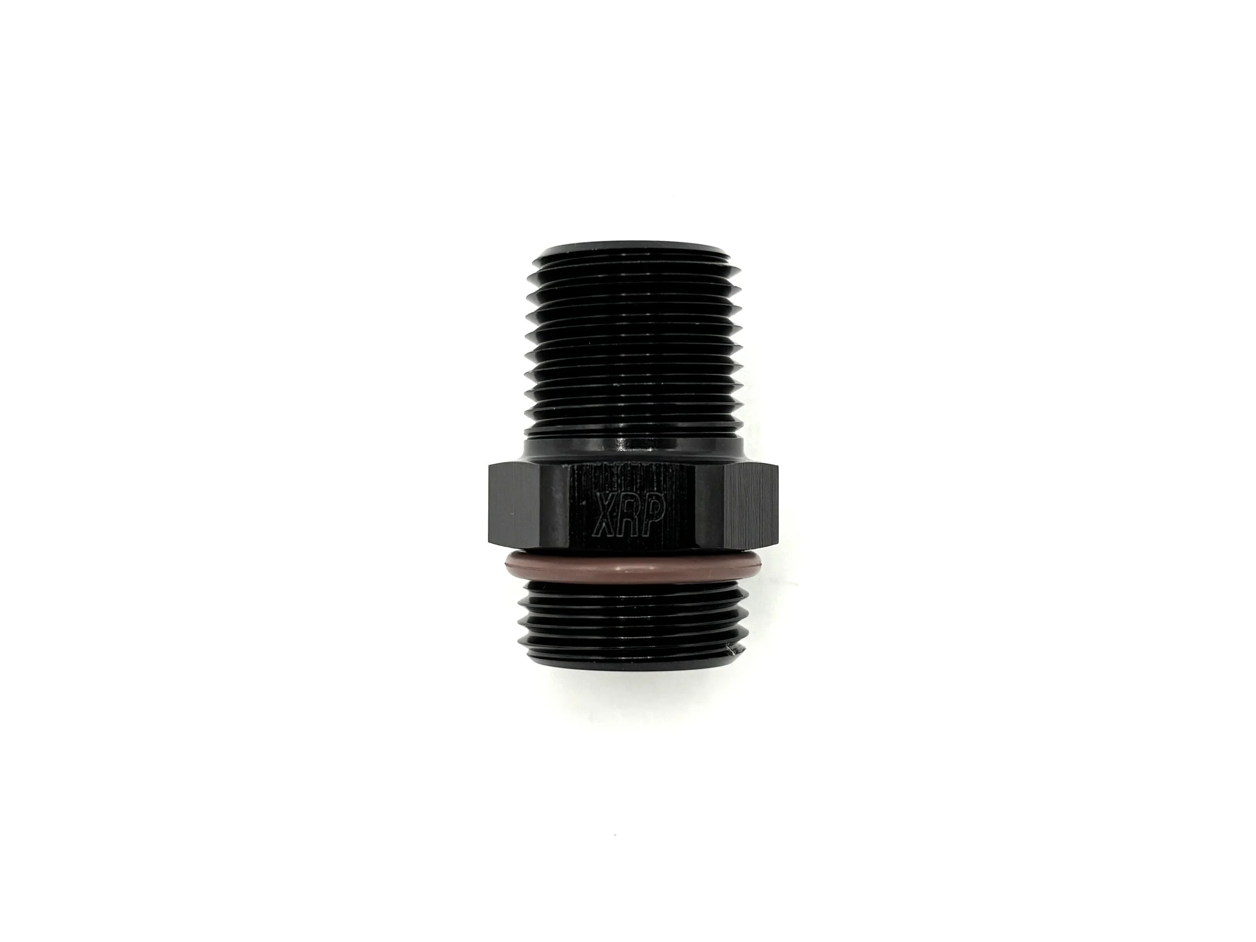 XRP straight -10AN o-ring boss to male 1/2NPT adapter fitting. Has brown viton o-ring. Black in color.