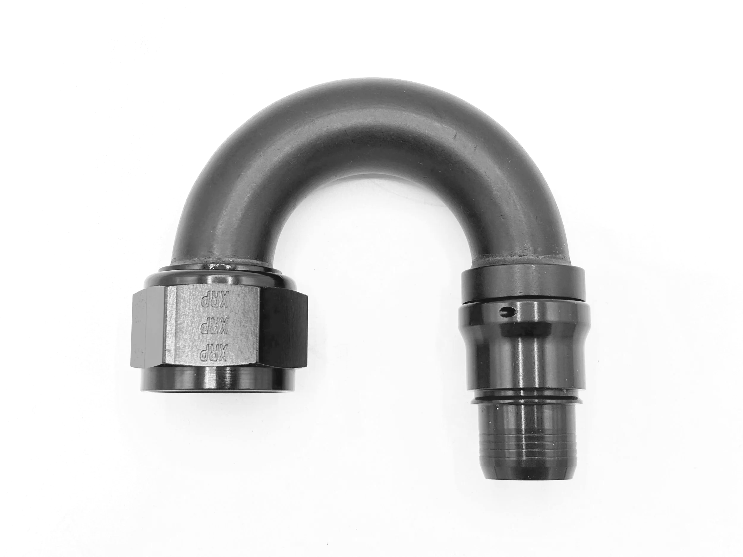 180 Deg. Race Crimp Swivel Hose End to AN Female. Black in color.