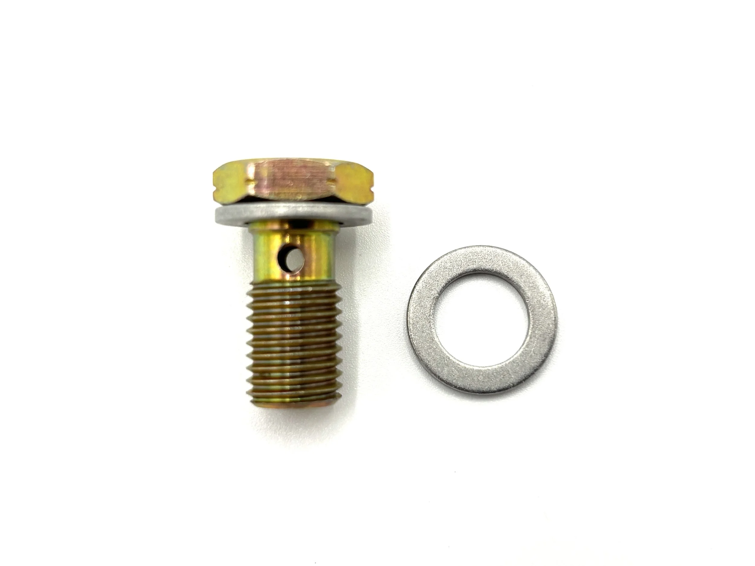 XRP short M10 × 1.25 steel banjo bolt. Gold in color. Has washer next to it.
