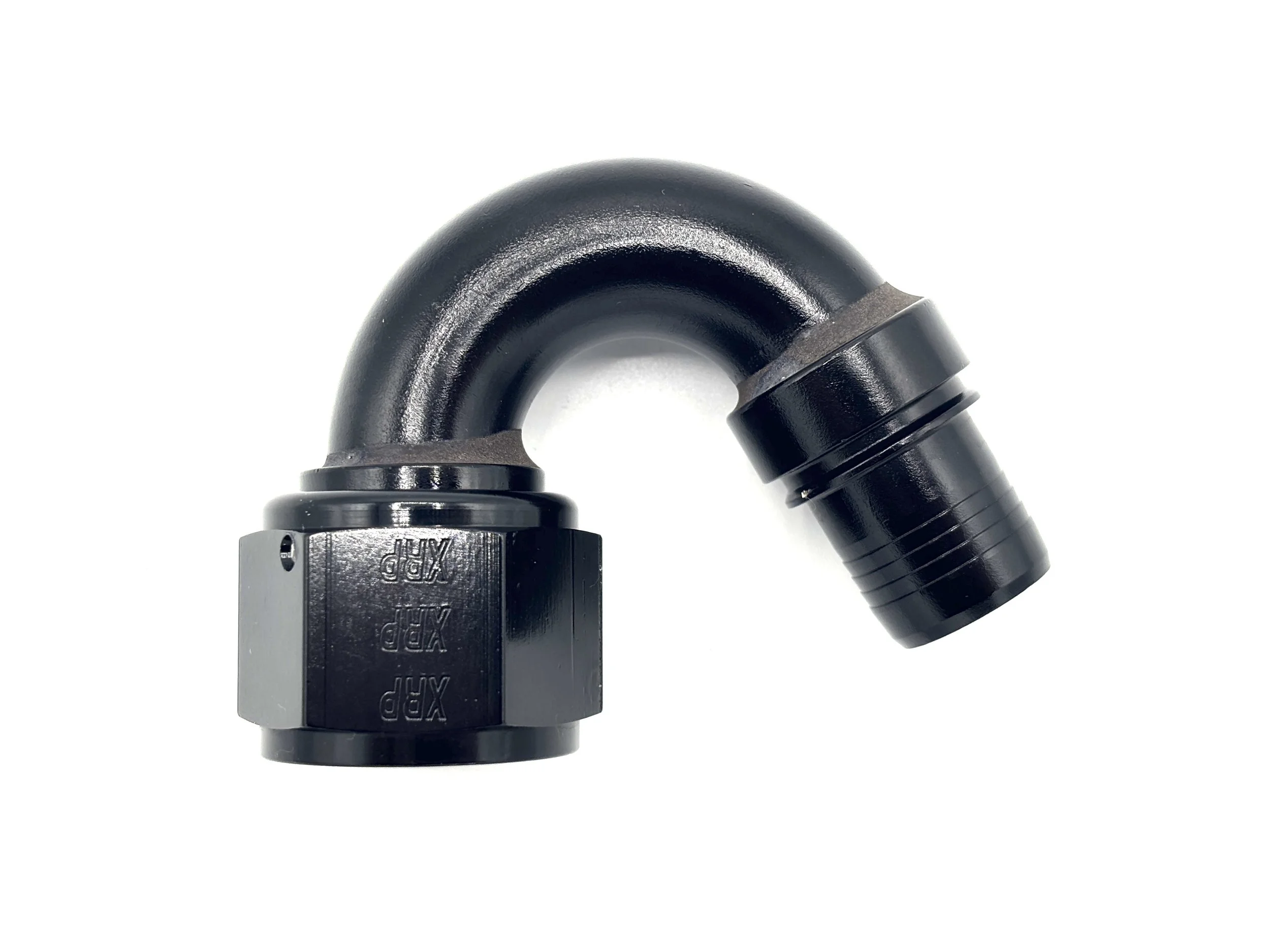 XRP 150 deg. race crimp hose end to AN female. Black in color.