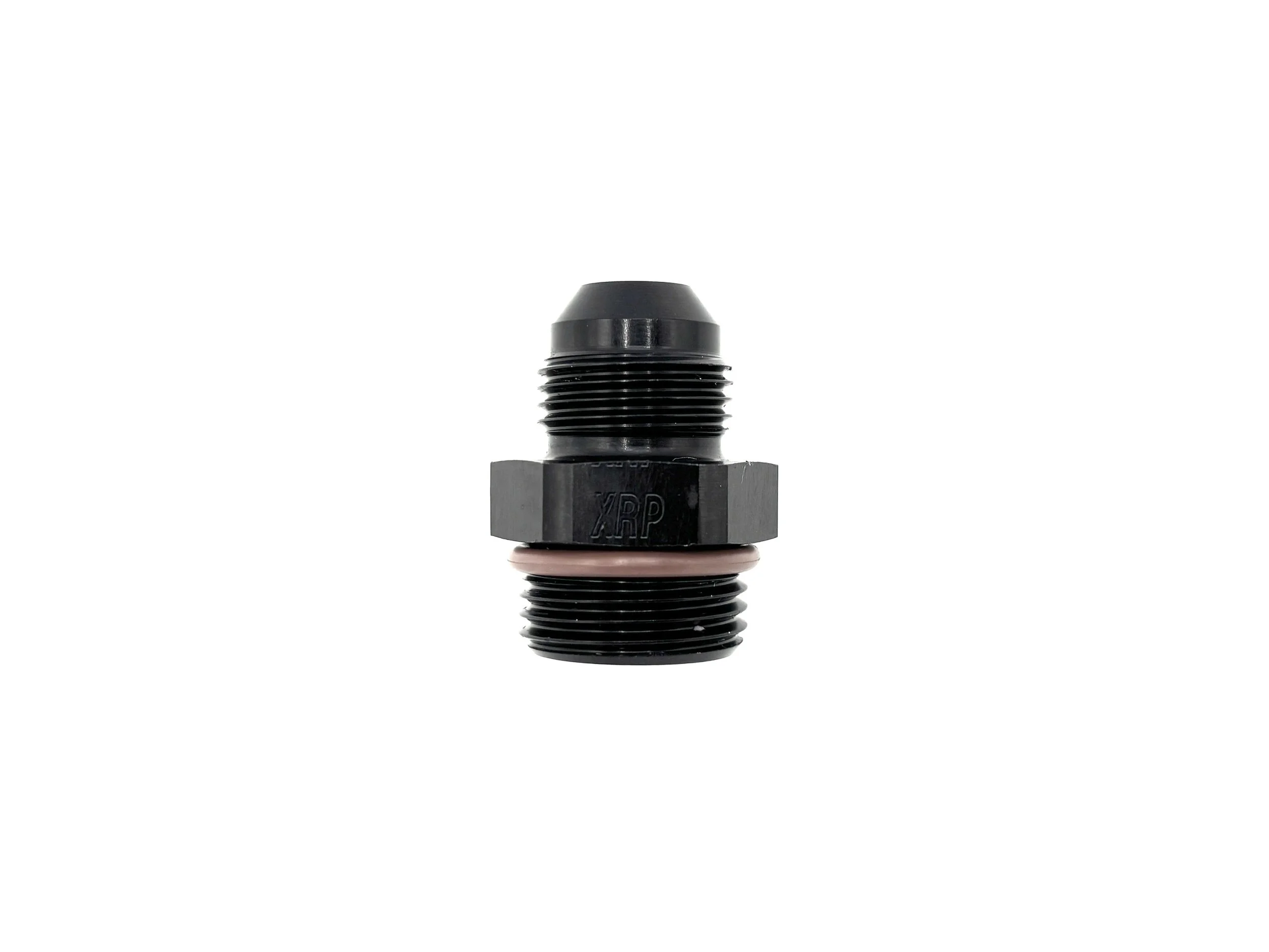 XRP straight -8AN male to -10AN o-ring boss adapter fitting. Includes brown viton o-ring. Black in color.